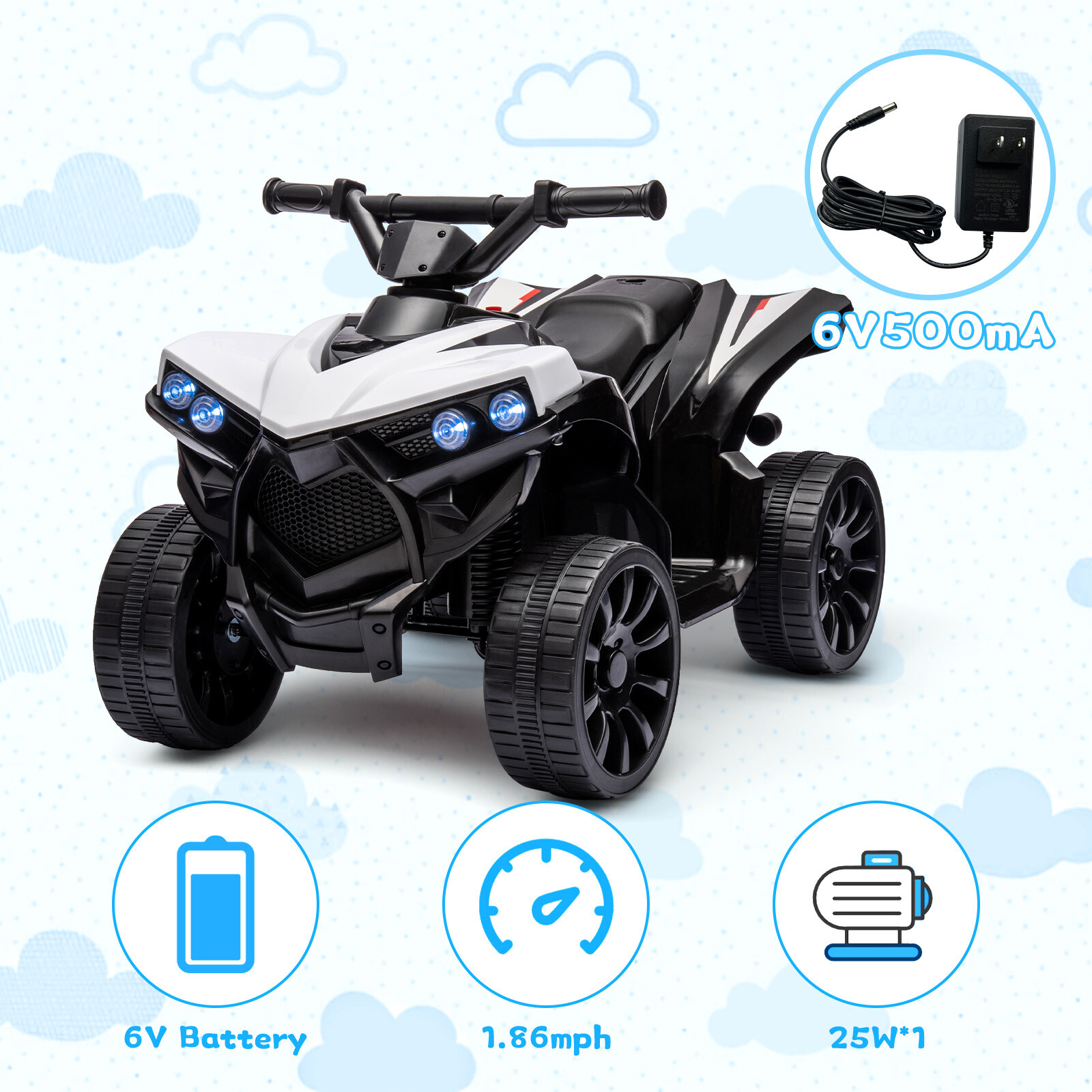 Kids Ride on Toy Car, 6V Battery Powered Quad Electric Vehicle with LED Lights