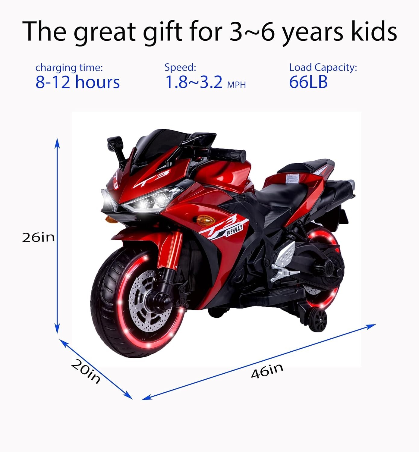 Kids Electric Motorcycle with Trainning Wheels for 3-8 Years Boys Girls,Red
