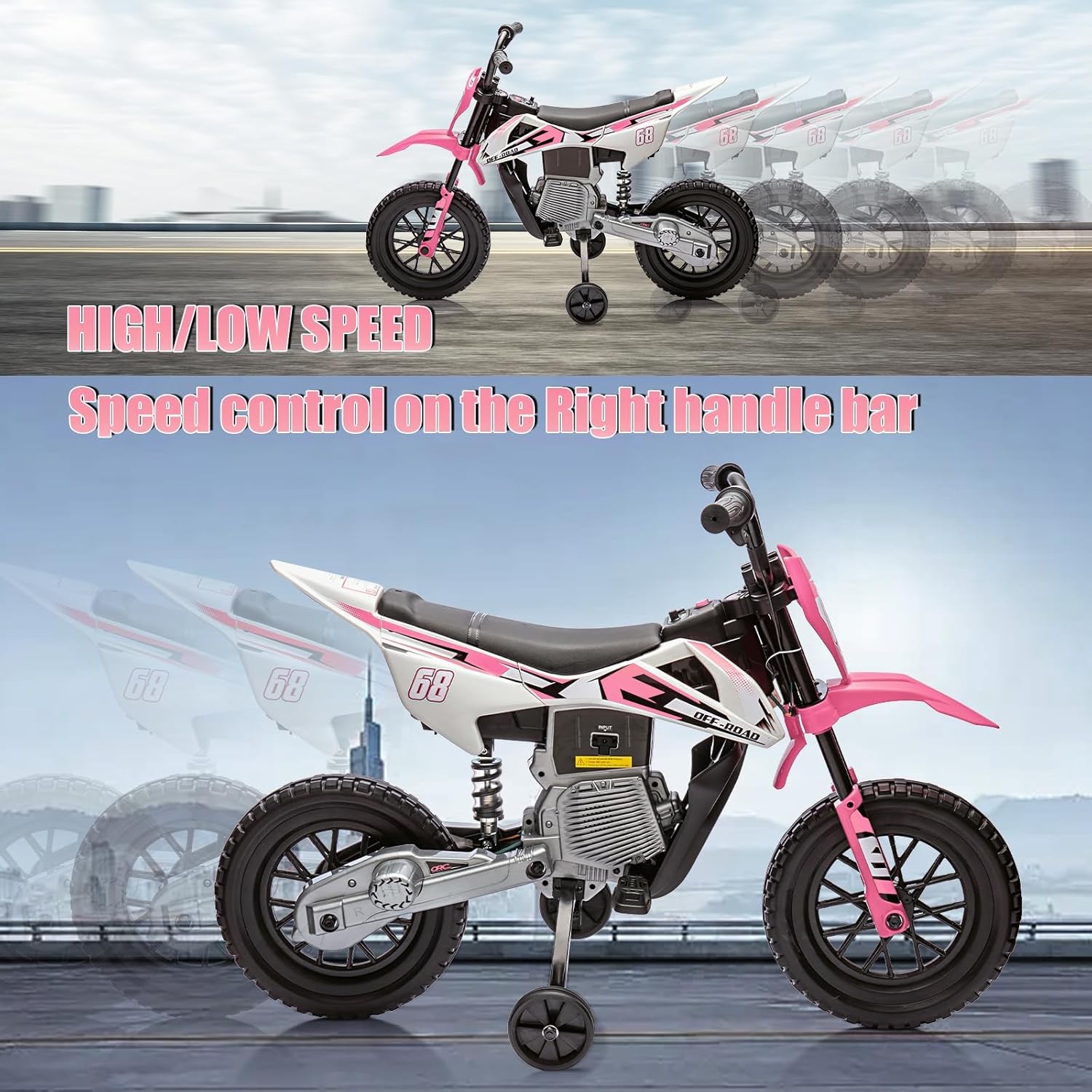 12V Kids Electric Dirt Twist Grip Throttle Bike w/Training Wheels 3Mph Music NEW