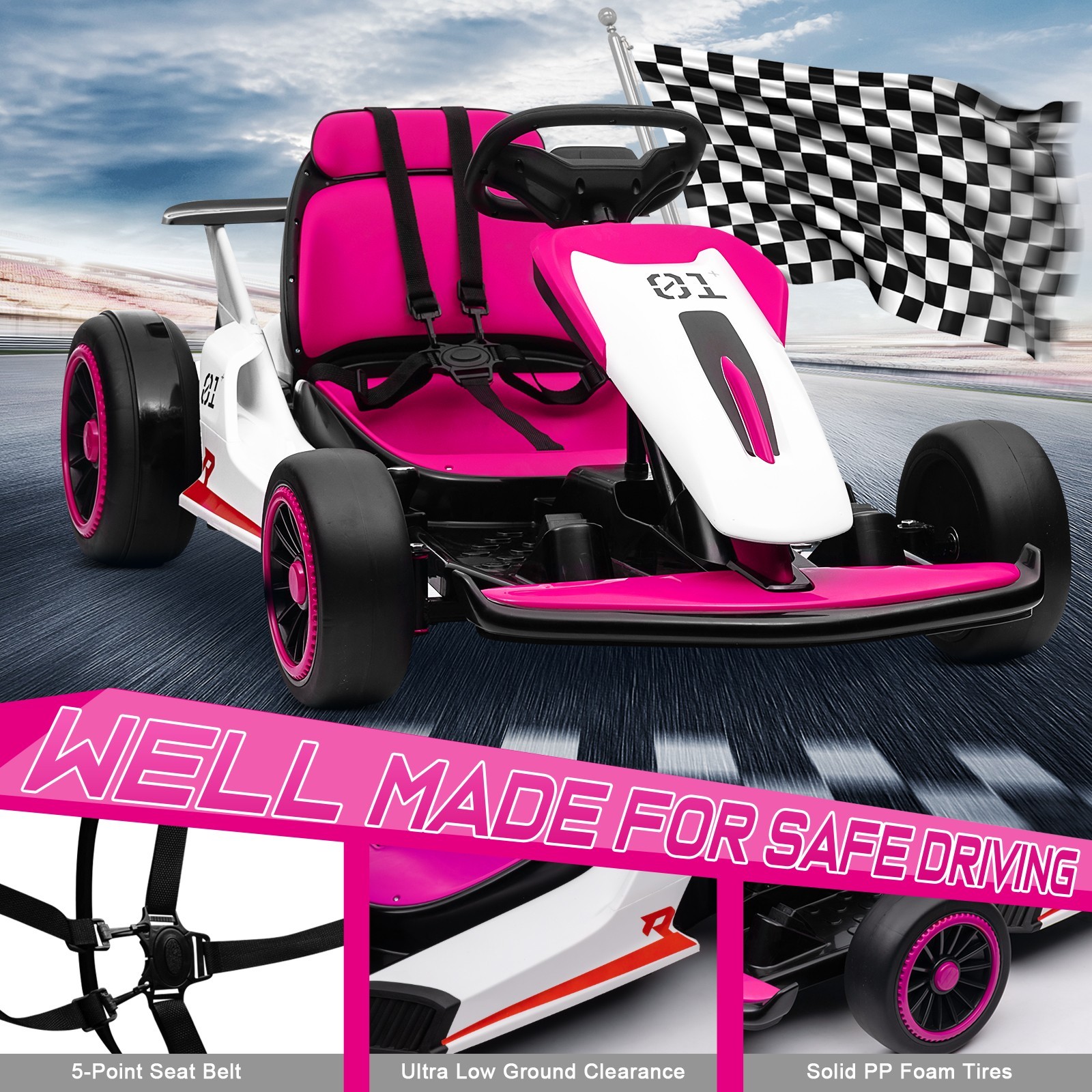 24V Kids Go Kart 400W Motor 3-5MPH Gravity Steering Bluetooth Spray Outdoor Toy