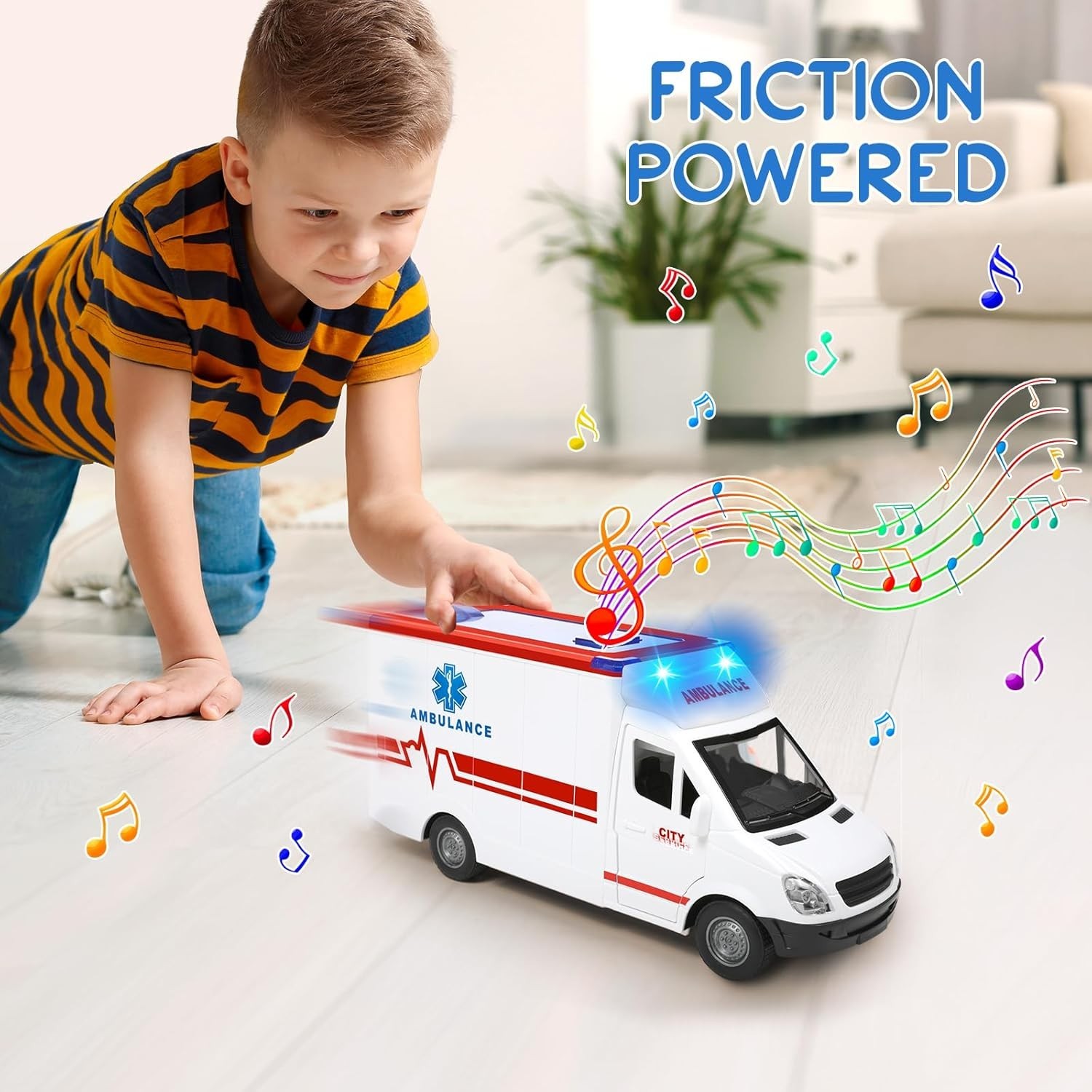 Friction-Powered Ambulance Toy with 4 Flashing Lights & Sounds – Safe for Kids