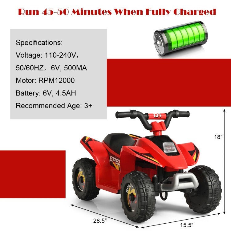 6V Battery Powered Kids Ride On Electric ATV Car Gift Toddler w/ 4 Large Wheels