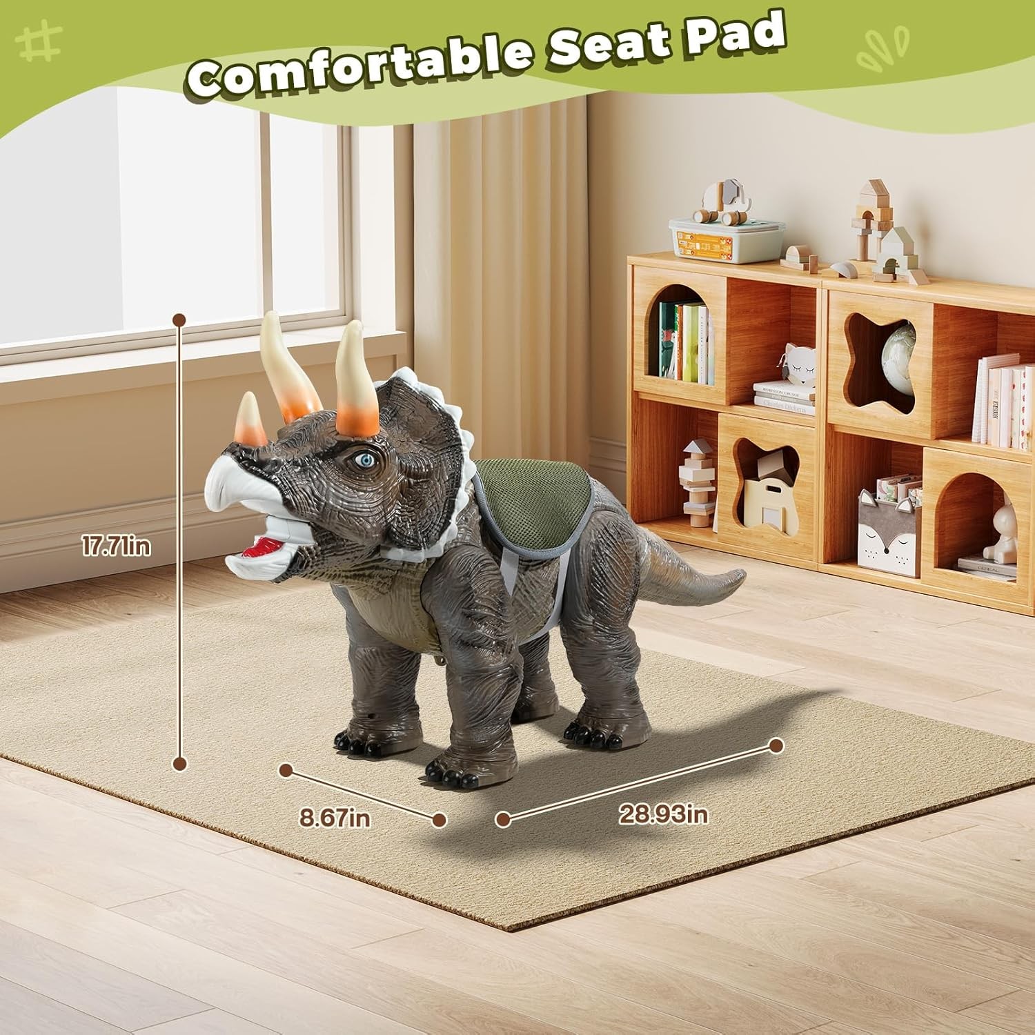 Dinosaur Ride on Toy Cars for Kids, Realistic Triceratops Push Car with Three So