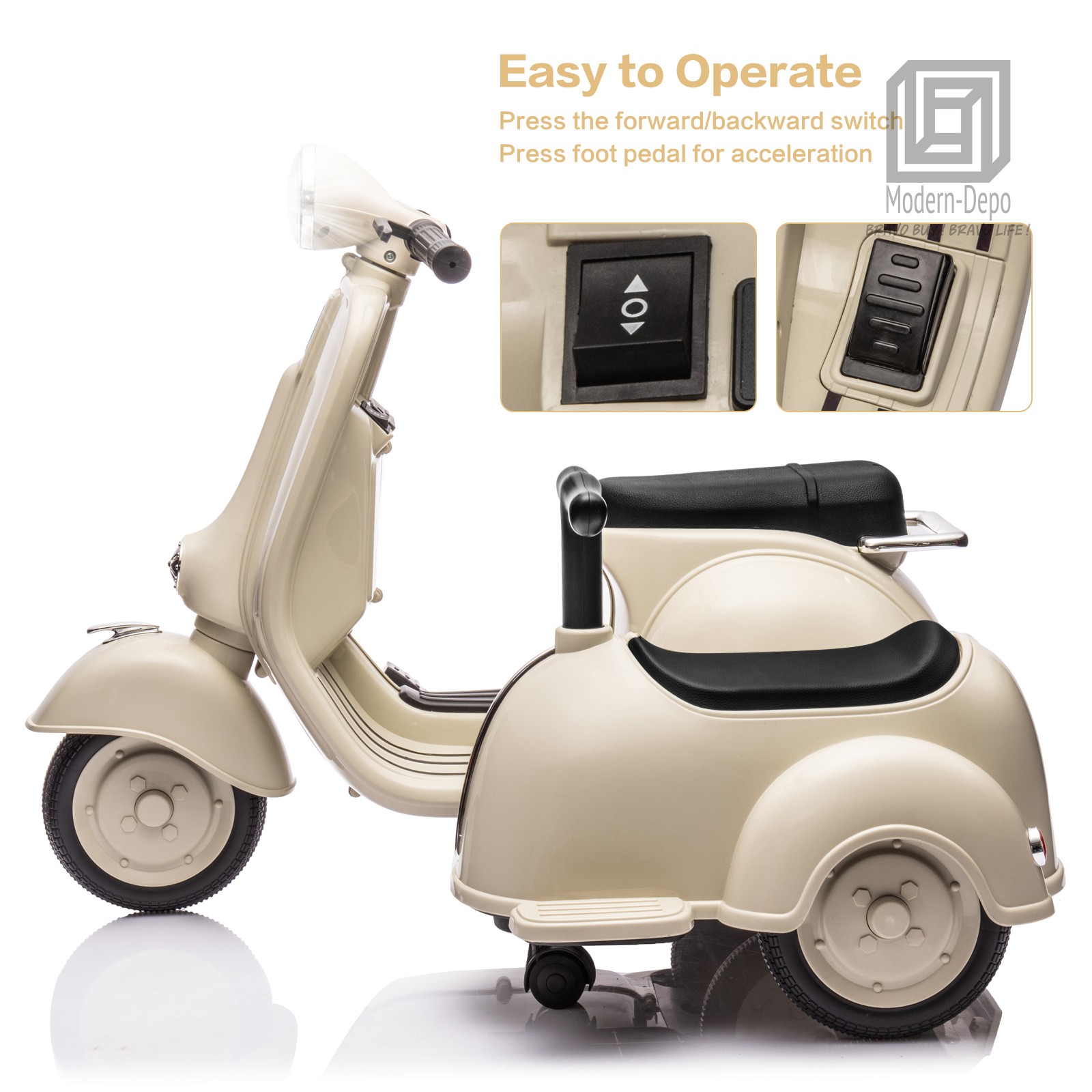 Licensed Vespa Kids Ride On Car Motorcycle w/ Side Car&Light, 2 Seater Toy Car