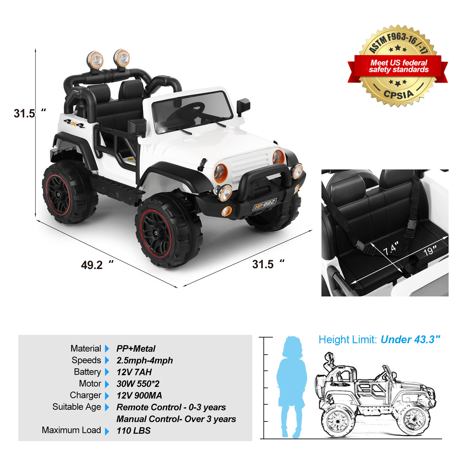12V Battery 3 Speeds Kids White Ride On Car Truck w/ RC+MP3+LED Light+USB+Cover