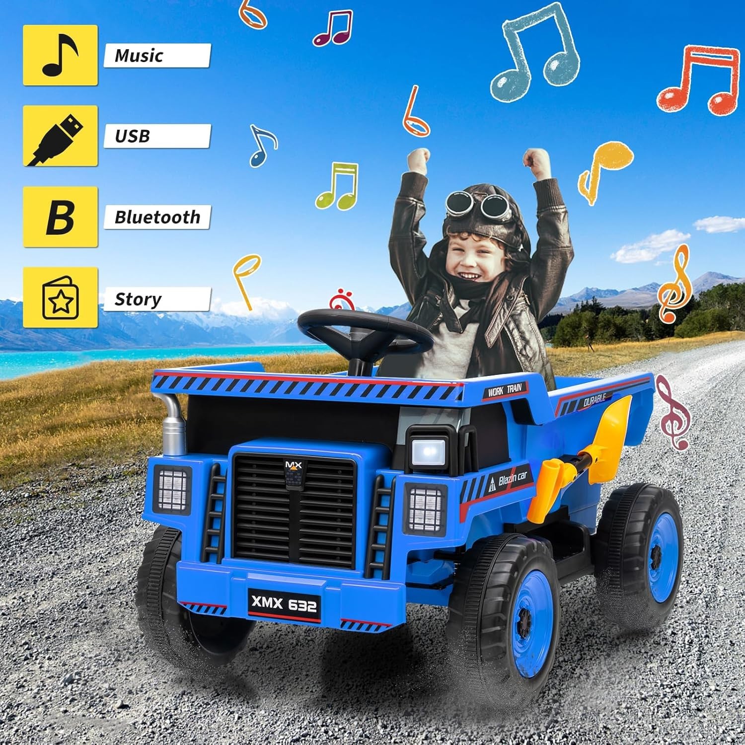 Electric Dump Truck with Remote, Bluetooth, Soft Start & Safety Belt for Kids