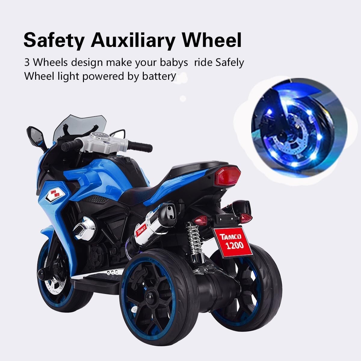 12V Kids Electric Motorcycle 3-5KM/H 3-6 Years Old (43-55 in),Blue