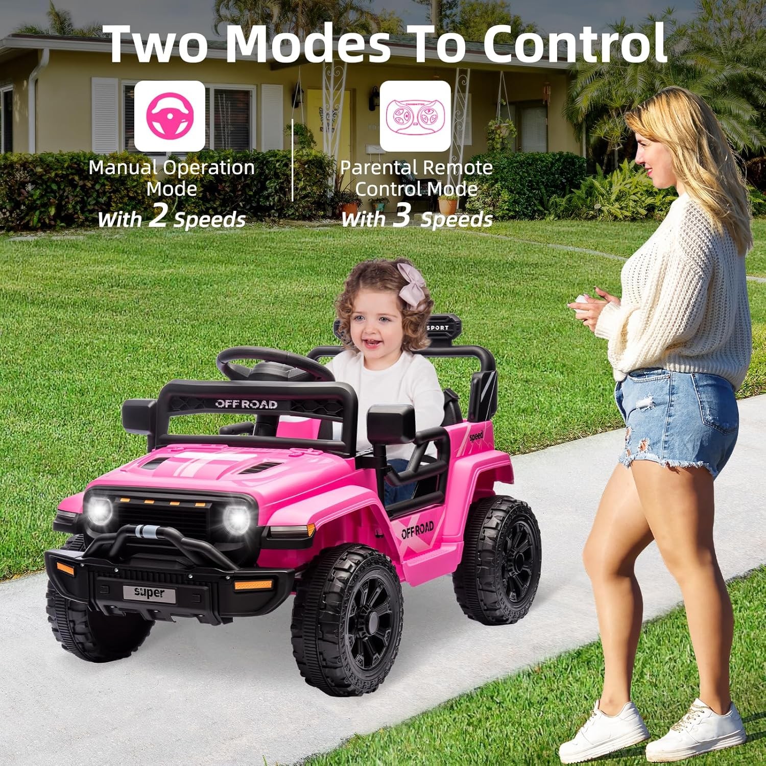 12V Kids Ride On Truck w/ Remote, 2 Speeds, Spring Suspension, LED Lights – Pink