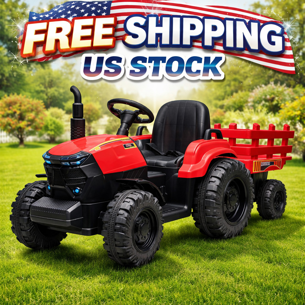 Tractor with Detachable Trailer Toddler Ride On Car/7-LED Headlight Electric 12V