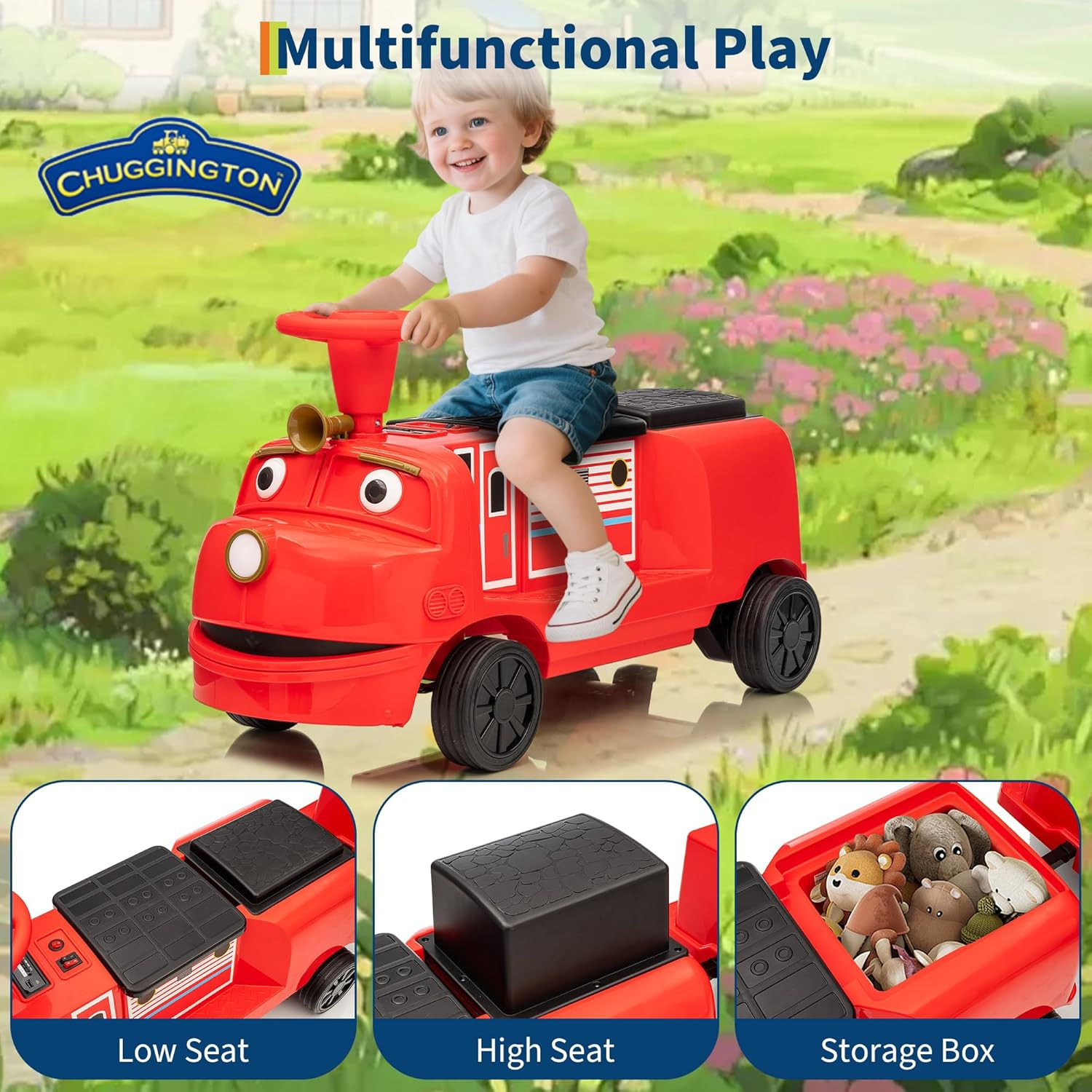 Electric 12V 2-Seater Kids Blue/Red Ride On Train w/2-Speed,Music,Lights,Storage