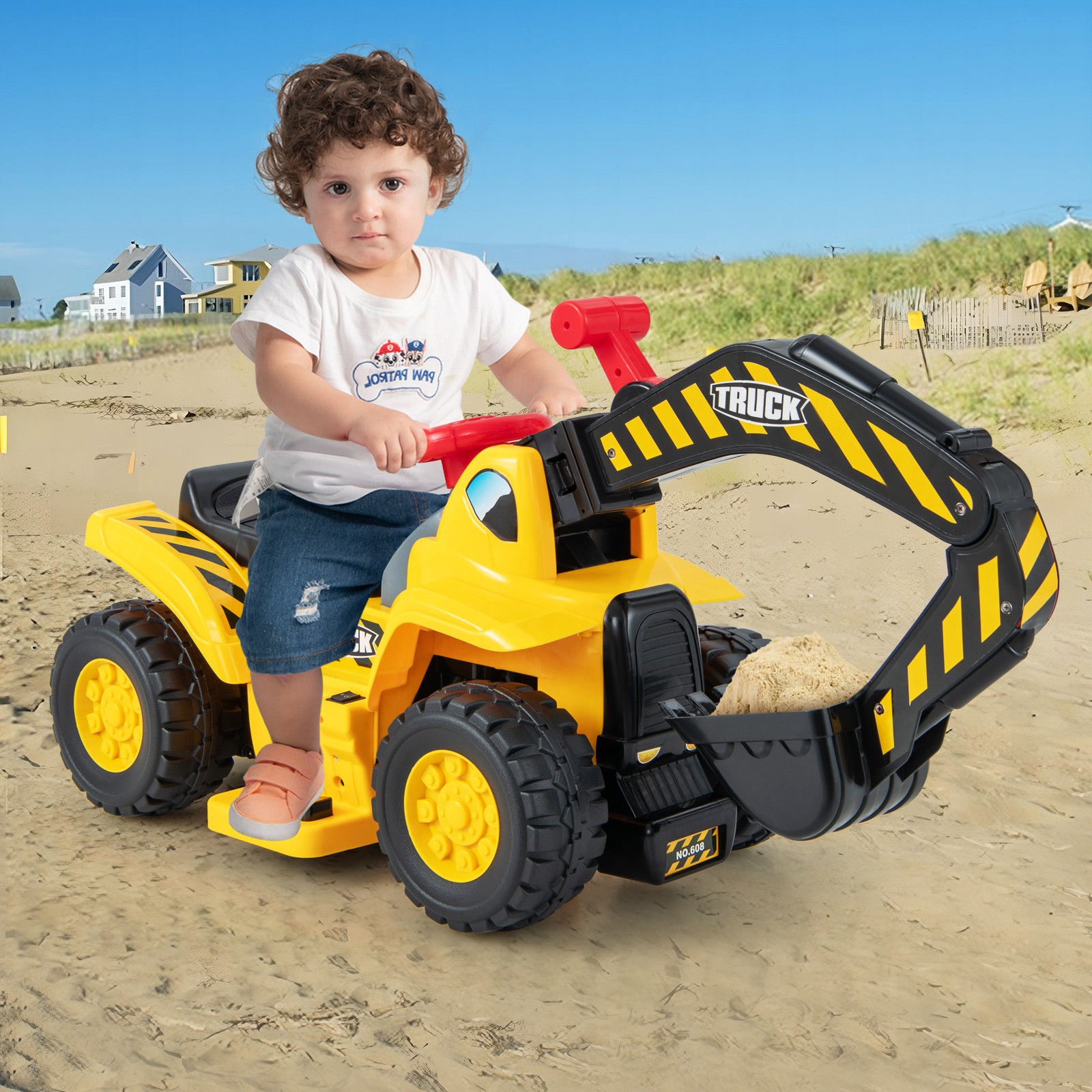 Kids Ride On Excavator 6V Electric Pretend Play Tractor Toy with Basketball Hoop