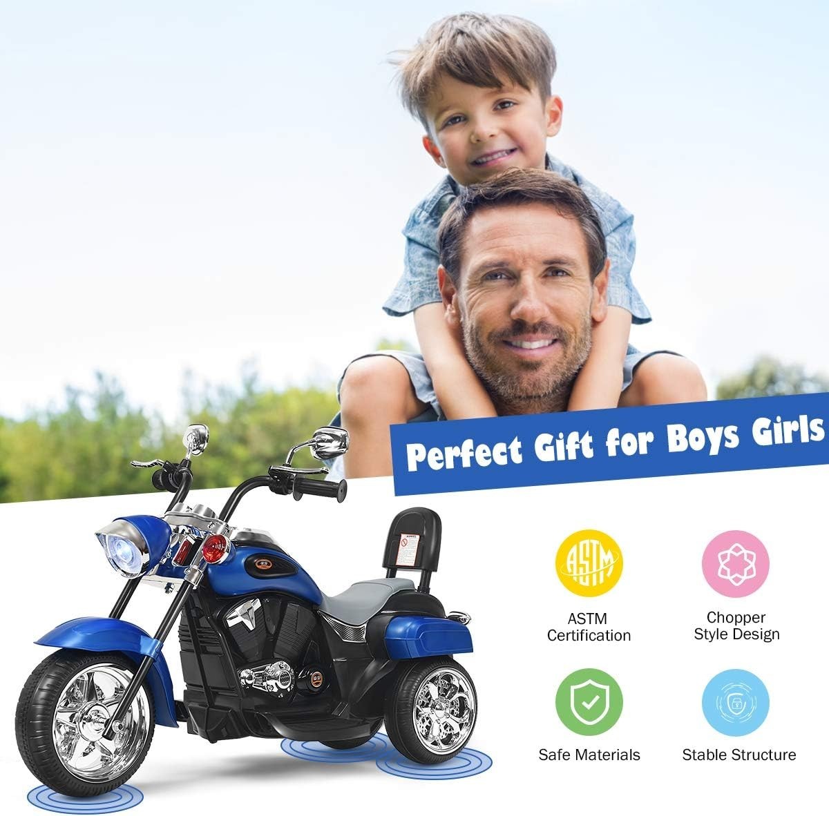Gift for Boys Girls: 3-Wheel Electric Motorcycle, Blue