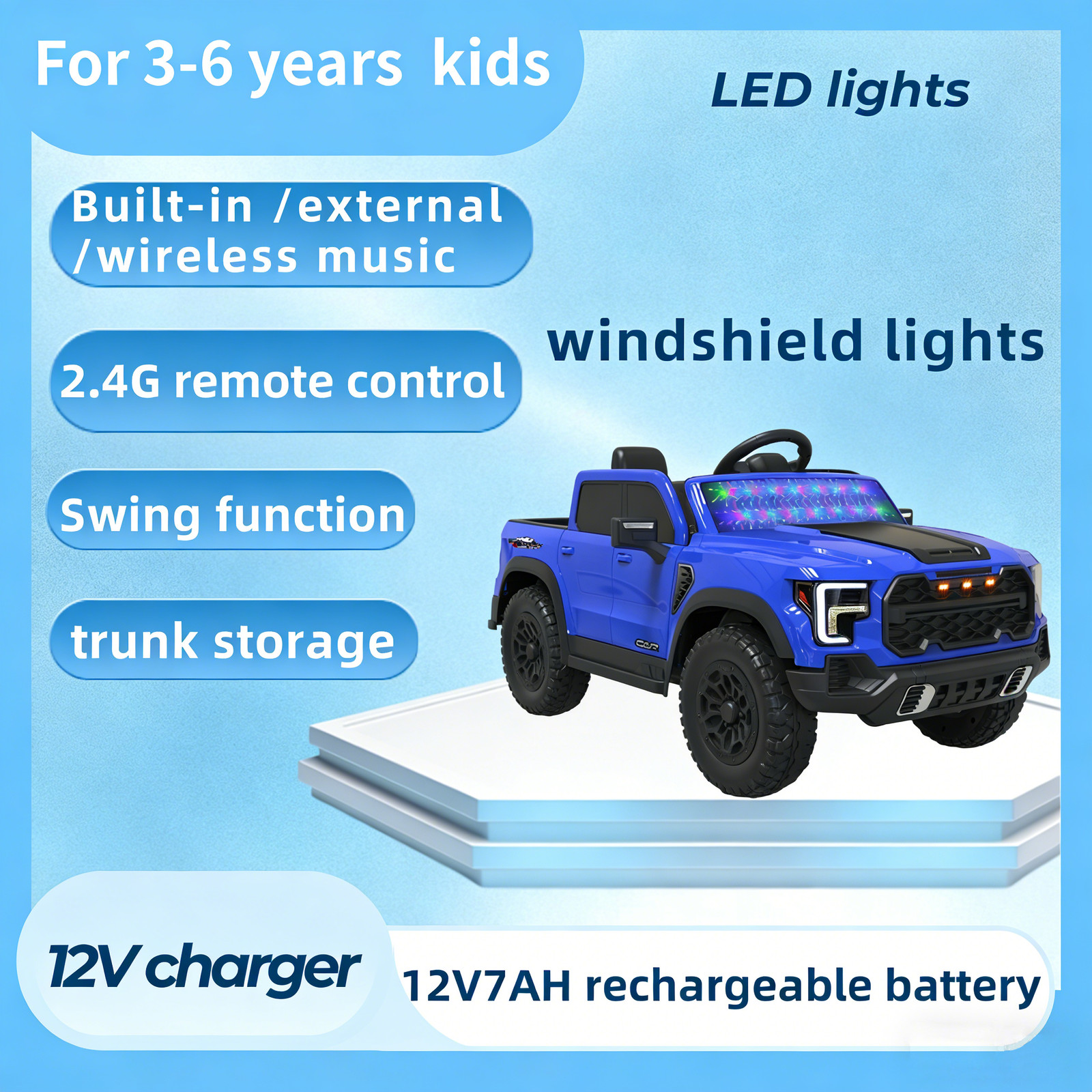 12V Kids Ride-On Car Remote Control, 4-Wheel Shock Absorption 3-6 Years Blue