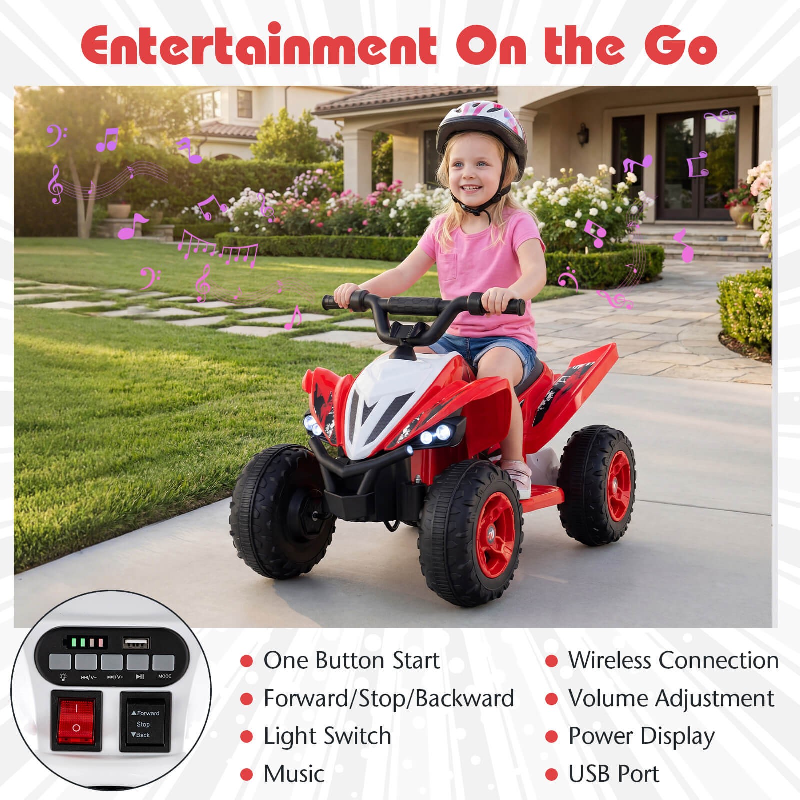 12V Quad 4 Wheeler Ride on Toy with Music, Light, USB Port, Wireless Connection