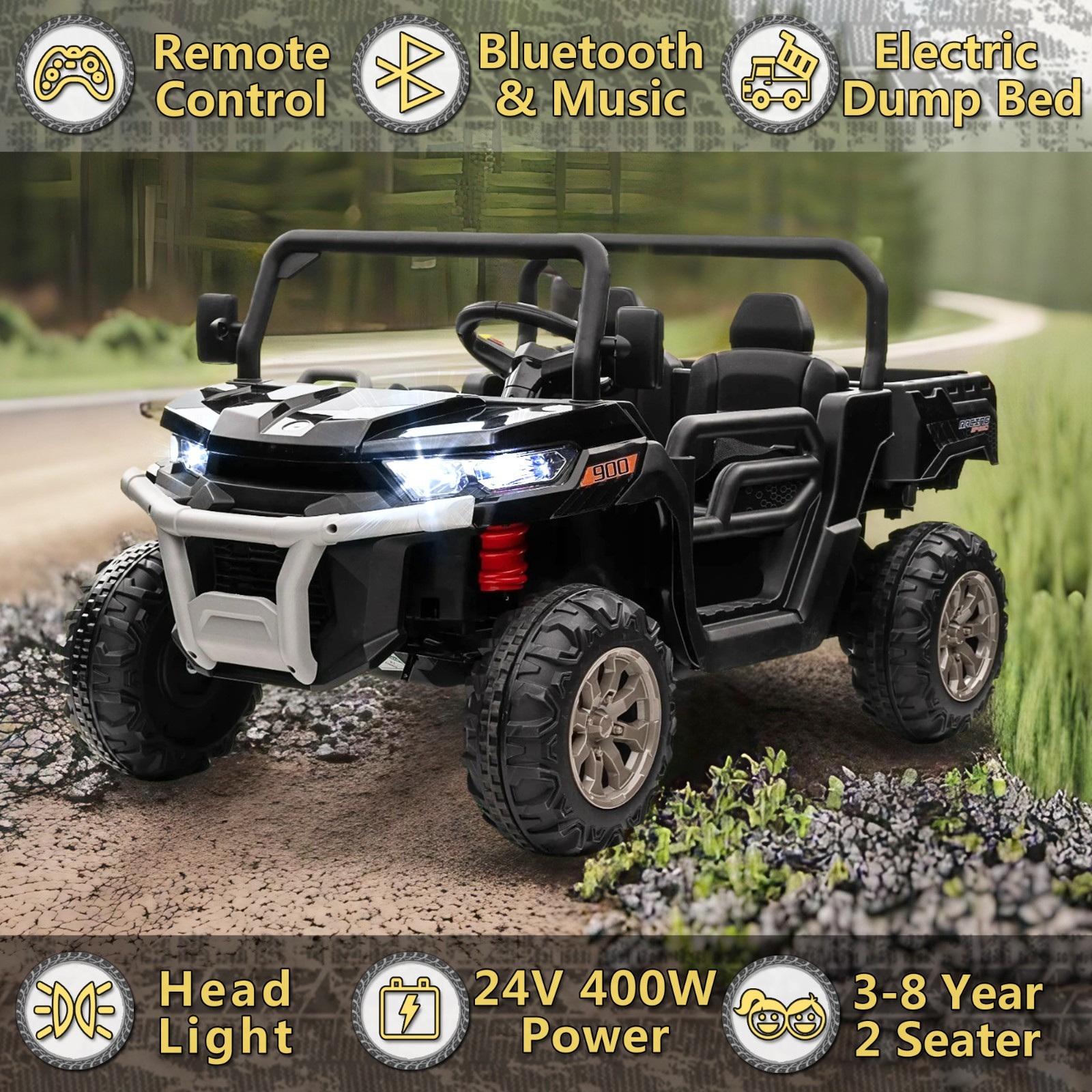 24V Kids Electric Car Truck, 2 Seater Ride on UTV Toys w/Dump Bed, Remote,LED