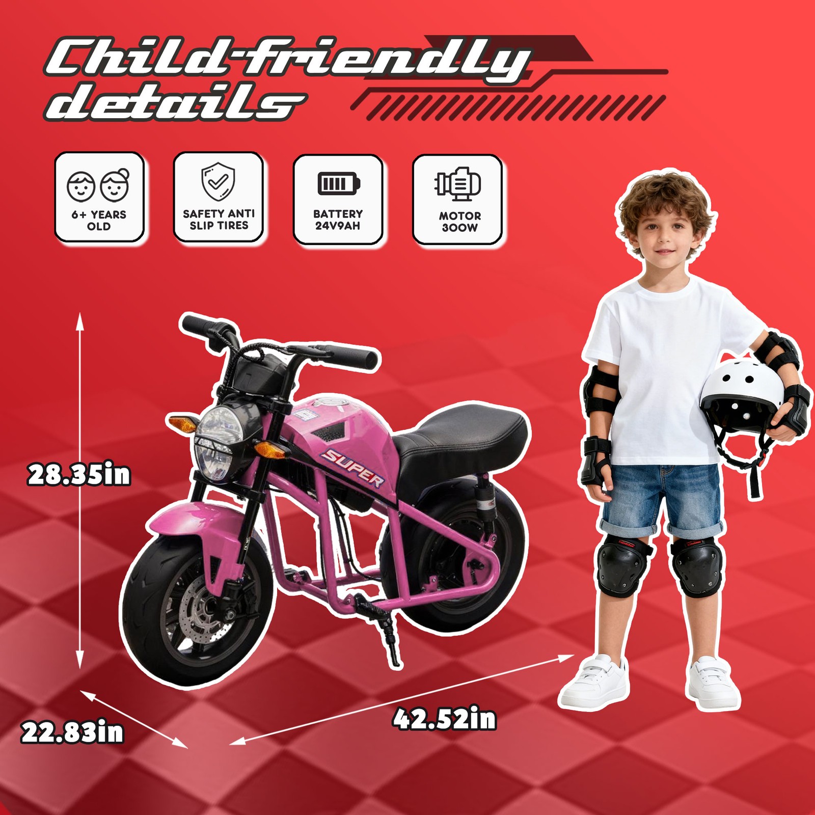 24V 300W Kids Motorcycle, 14″ Fat Wheels, Dual Suspension, Music & Light,6+ Ages