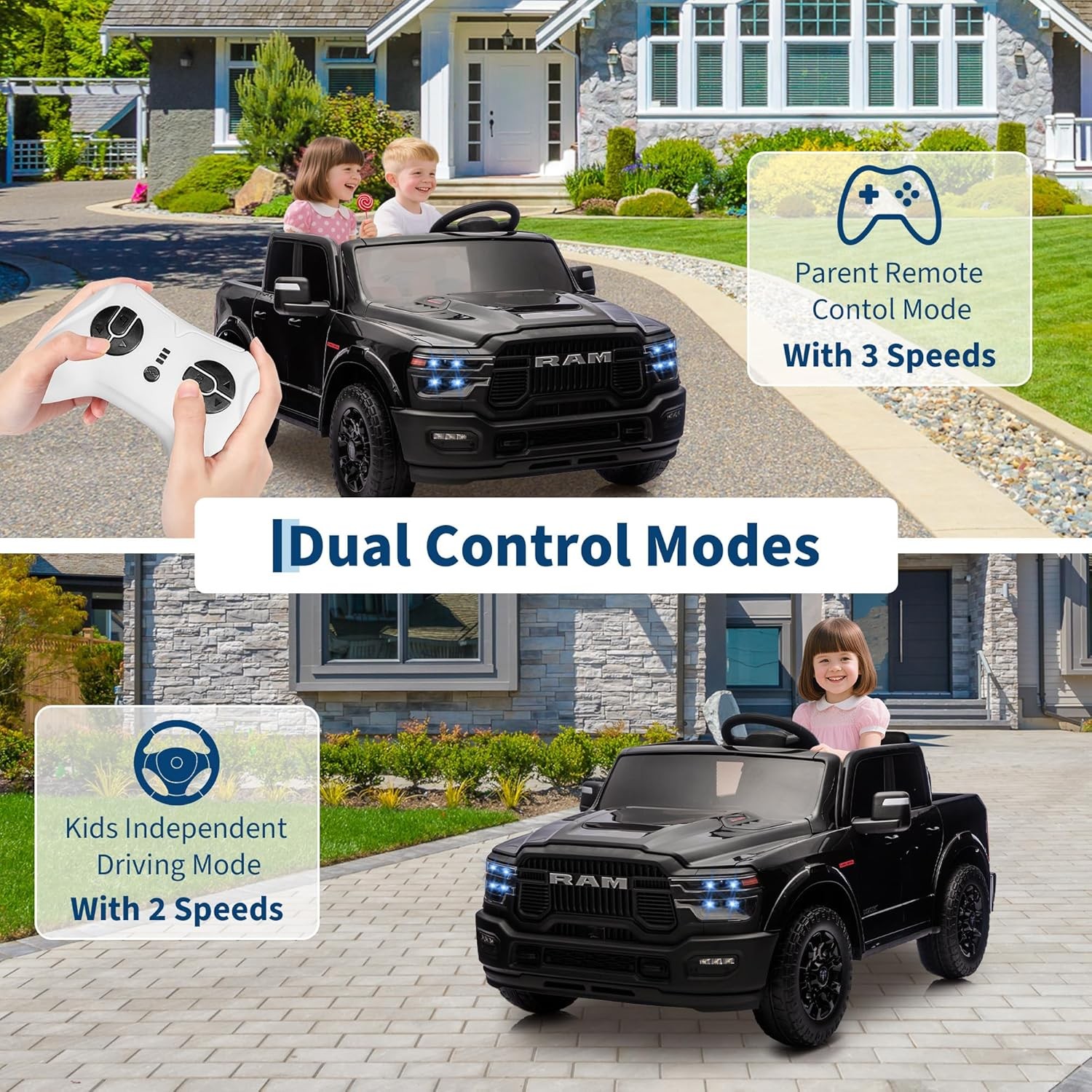 2 Seater Electric Car for Kids 24V Ride on Truck Toys Licensed RAM 2500 for Kids