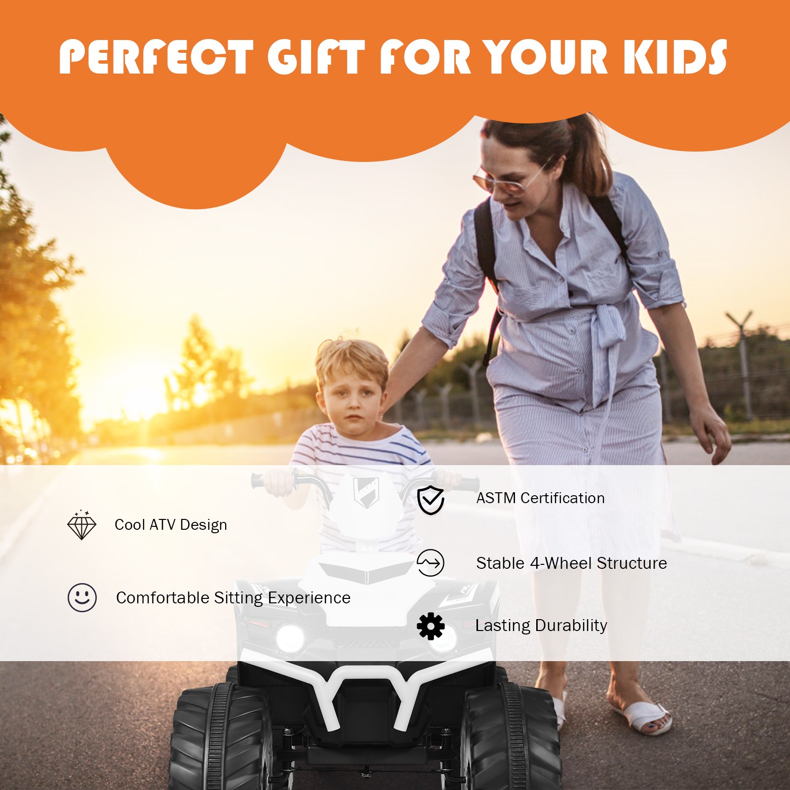 Costway 12V Kids 4-Wheeler ATV Quad Ride On Car w/ LED Light & Music White