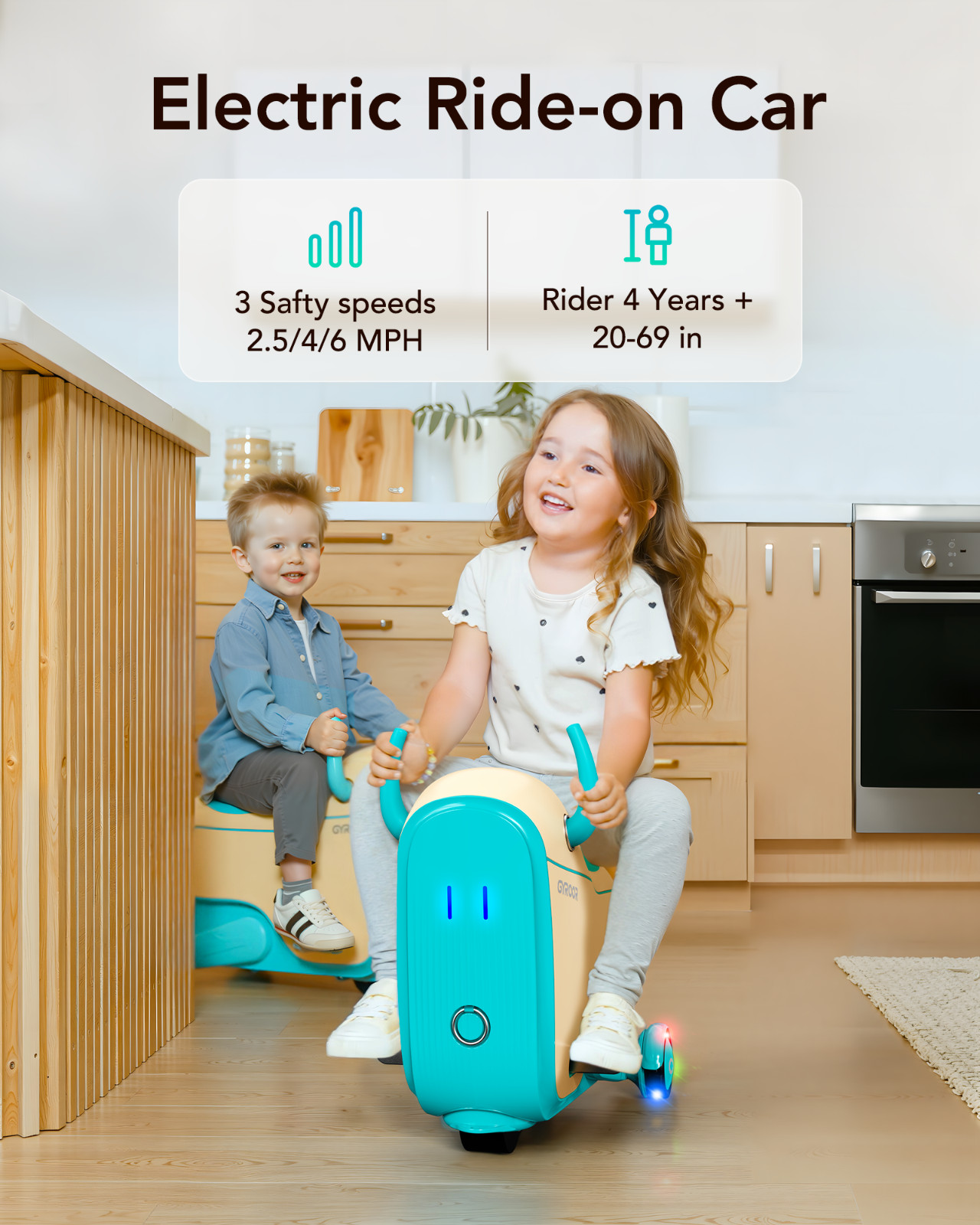 Gyroor GNU Electric Ride-On Toy Car for Kids LED Wheels 3 Speeds 14L Storage