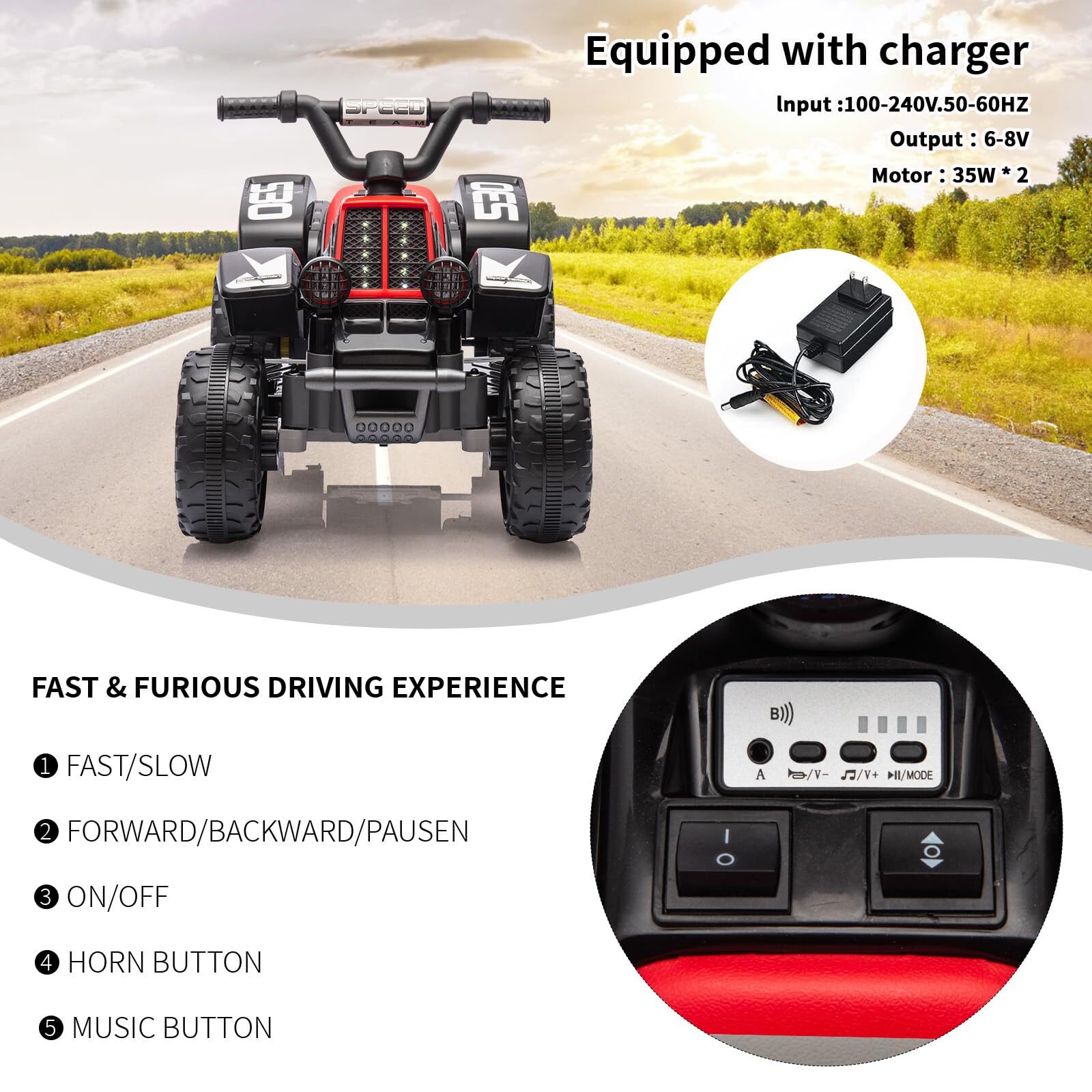 Electric Ride On 6V Kids ATV 4 Wheeler W/Led Lights for Toddlers Aged 1-3 Years