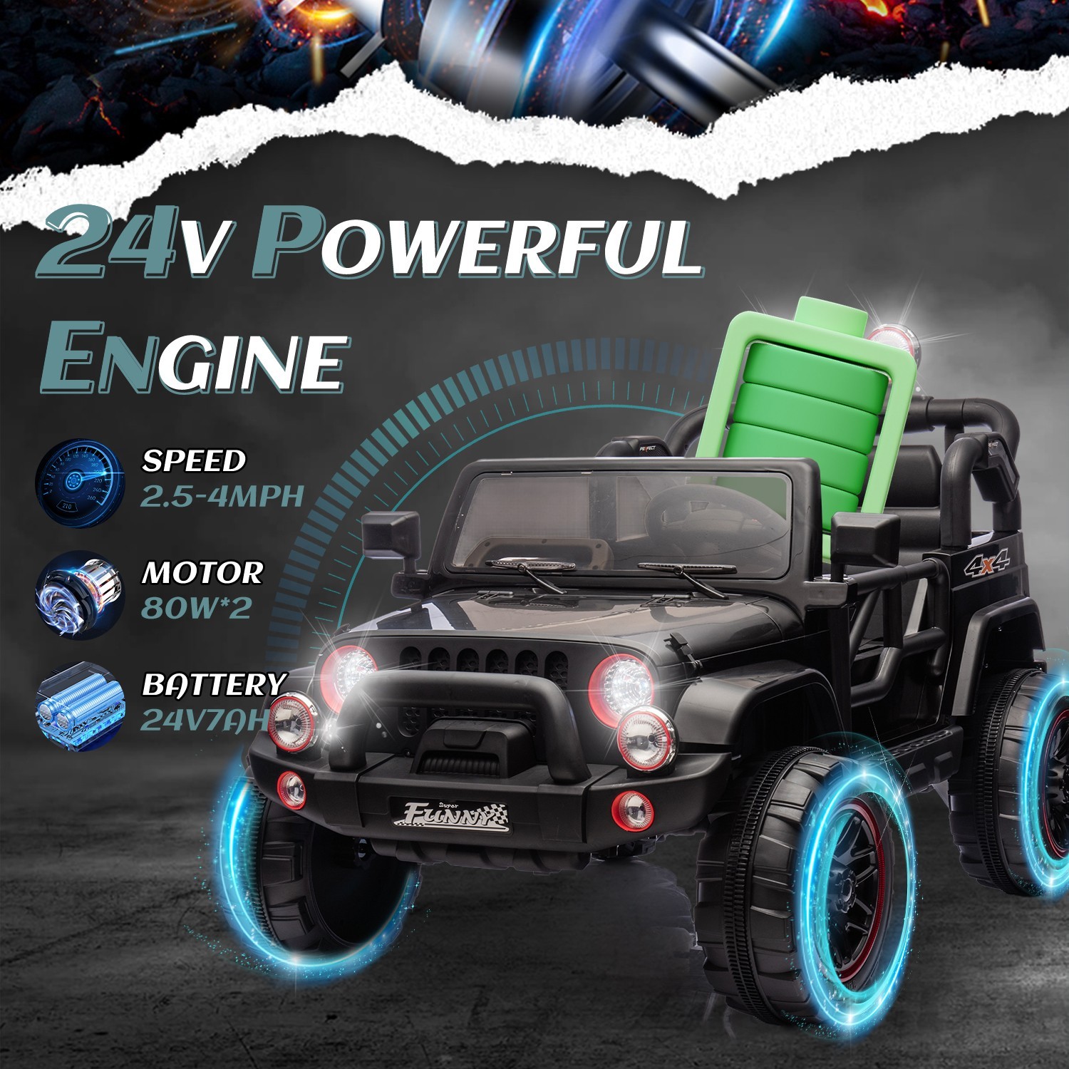24V Kids Ride On Car 2 Seater Electric Truck Toys w/Remote, LED, 24V 7AH Battery
