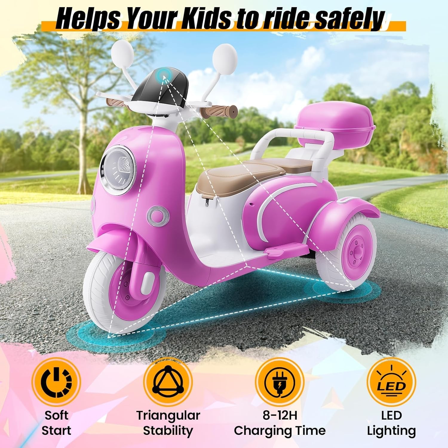 2 Seater Kids Electric Motorcycle 3 Wheels Moped 12V Dual Motor Ideal Kids Gift*