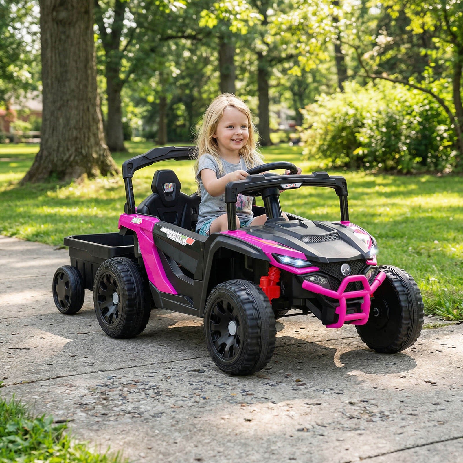 12V Kids Ride On UTV w/Detachable Trailer, Remote Control, 3 Speeds, LED Lights