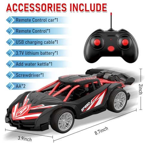 1/18 RC Car for Kids with Rechargeable Battery, LED Lights & Spray – Remote