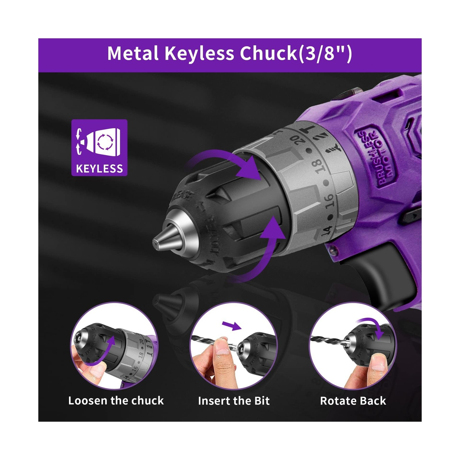Brushless Cordless Drill Set, 20V Compact Power Driver, Purple Electric Motor…