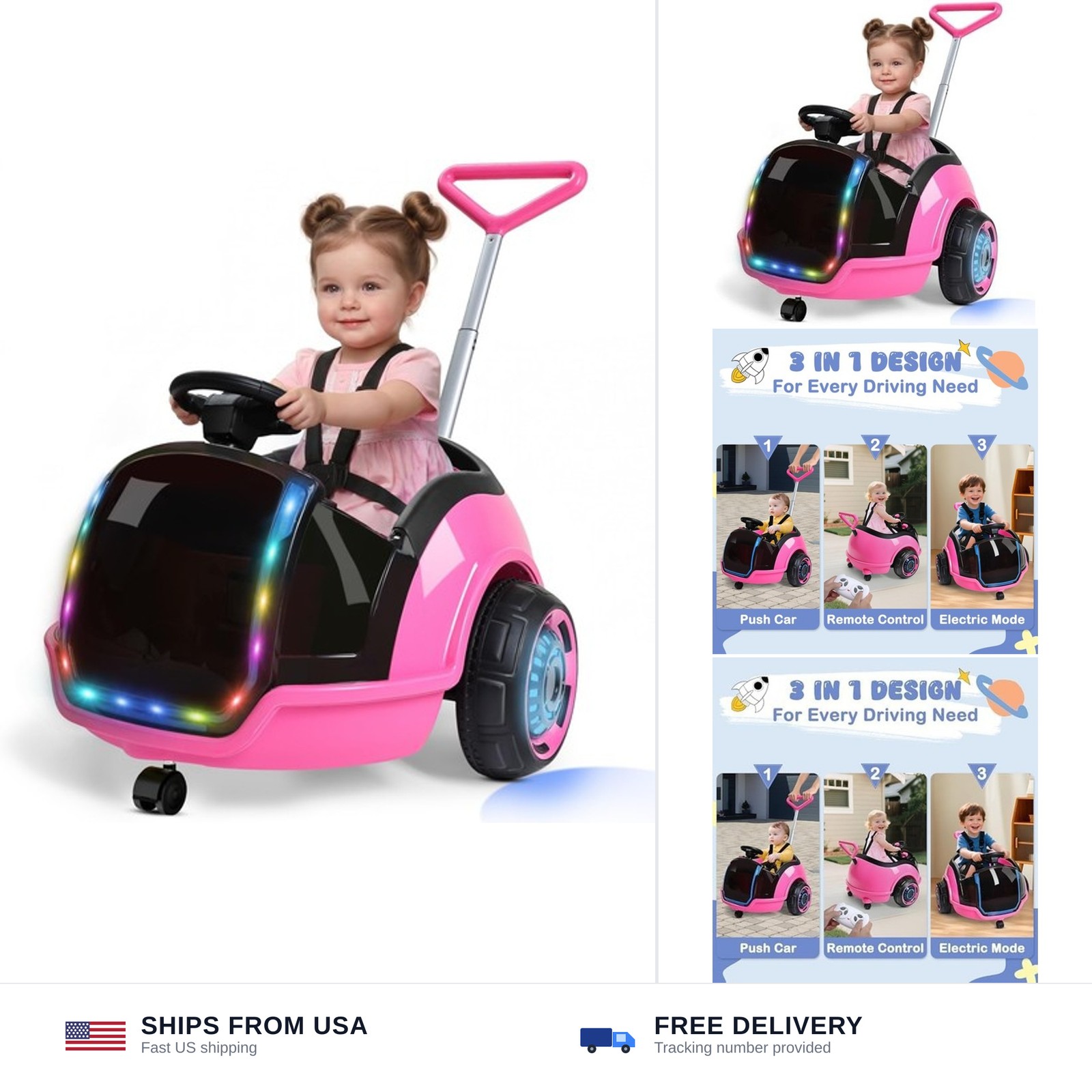 ANPABO 3-in-1 Electric Push Ride On Car, 12V Kids Ride On Toy w/Remote Contro…