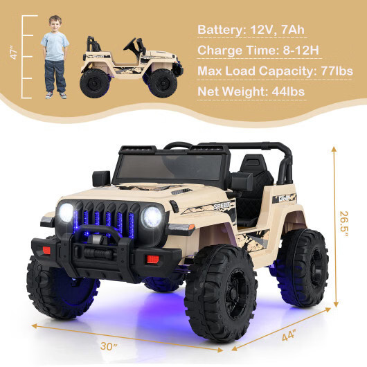 12V Kids Ride-On Jeep Car w/ 2.4G Remote Control & LED Lights – Khaki