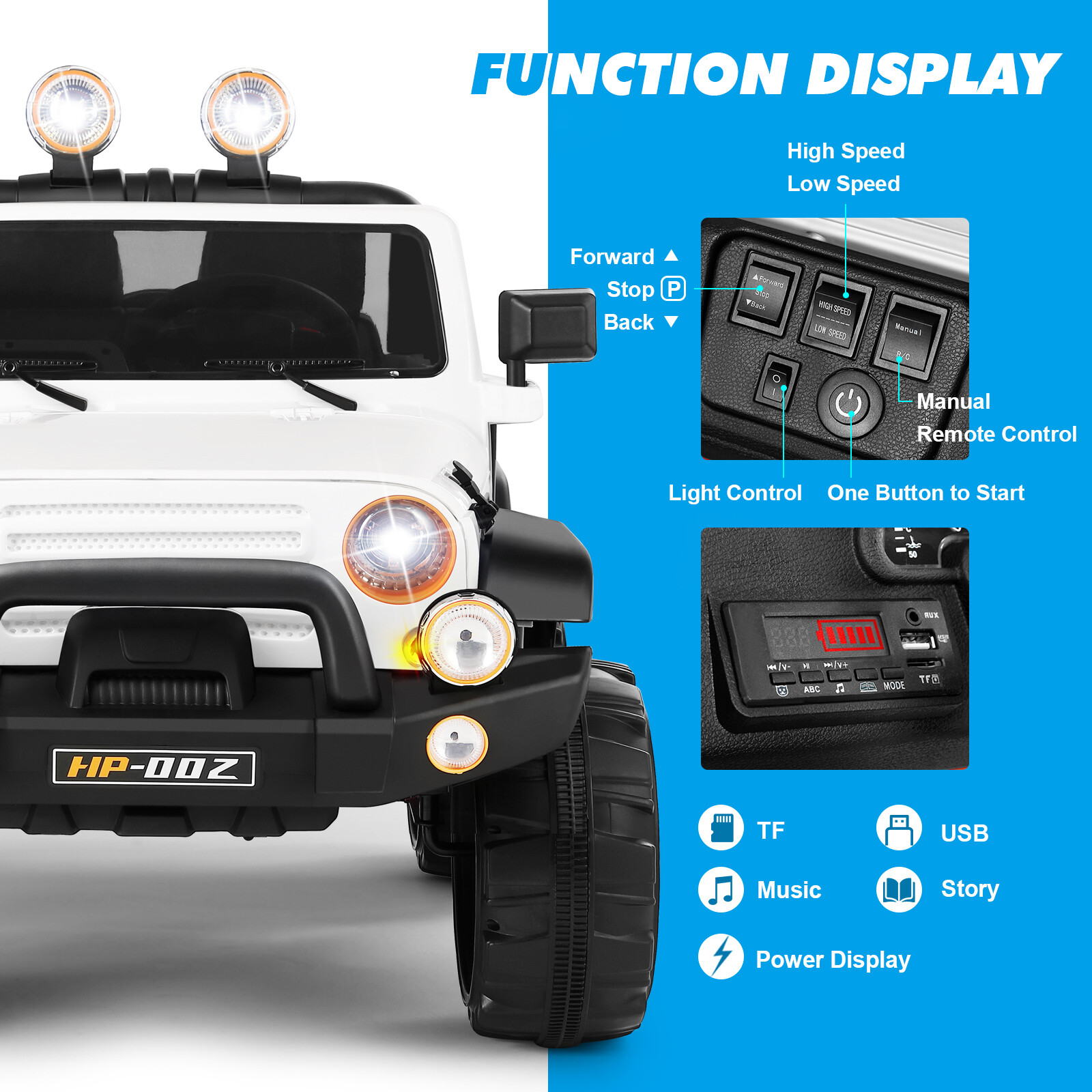 12V Battery 3 Speeds Kids White Ride On Car Truck w/ RC+MP3+LED Light+USB+Cover