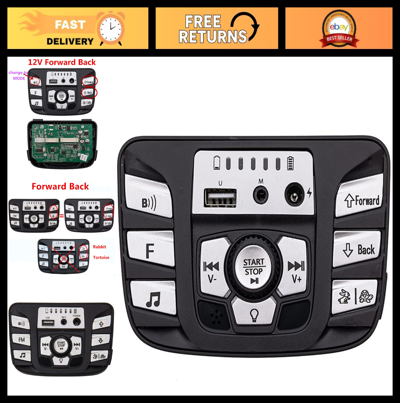 12V Kids Electric Car Control Panel – Multifunctional PCB Replacement Parts, Pow