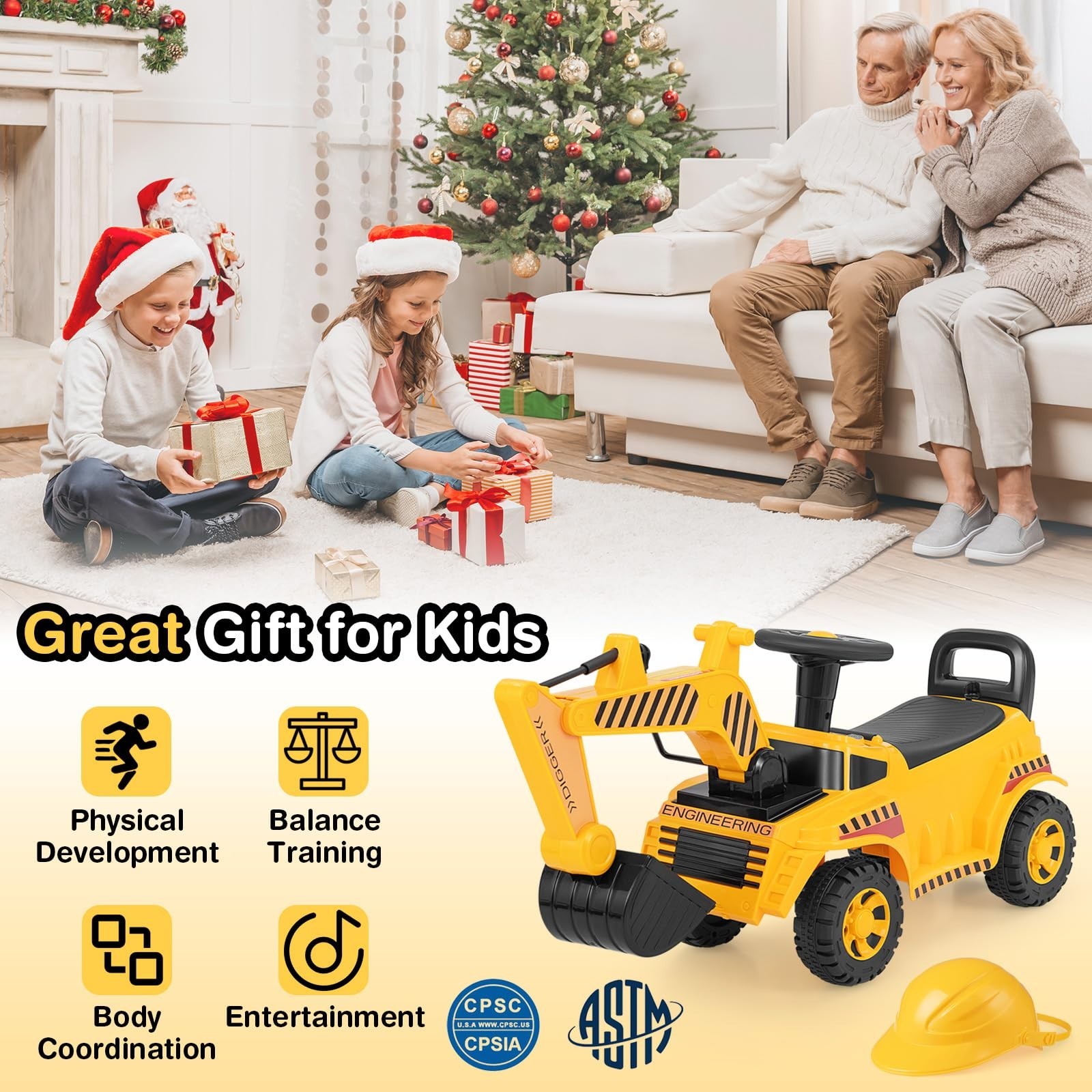 Kids Ride-On Excavator Digger Truck Toy with Working Shovel & Engine Sound, Stor