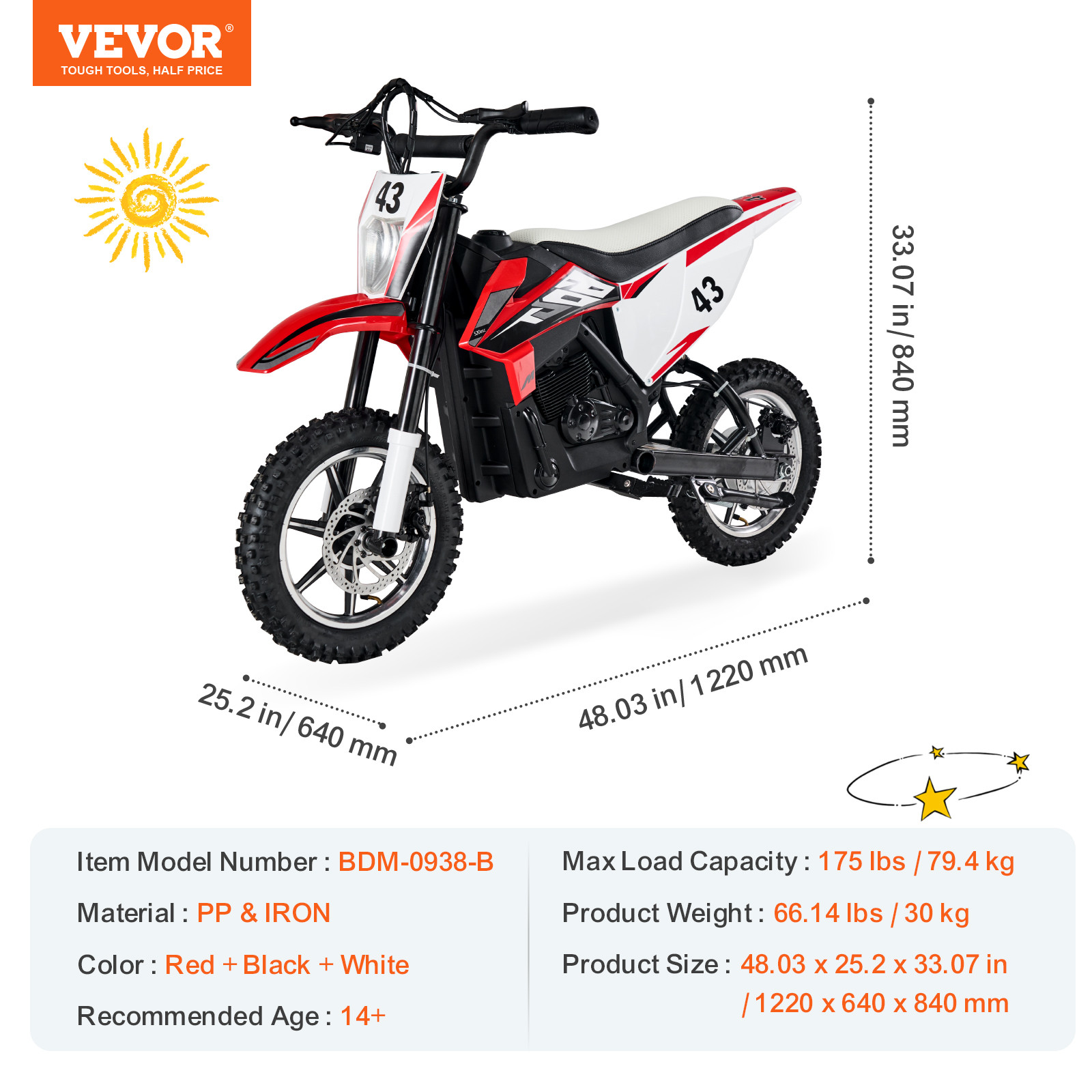 VEVOR Kids Ride on Motorcycle 36V Electric Motorbike for Kids Aged 14+