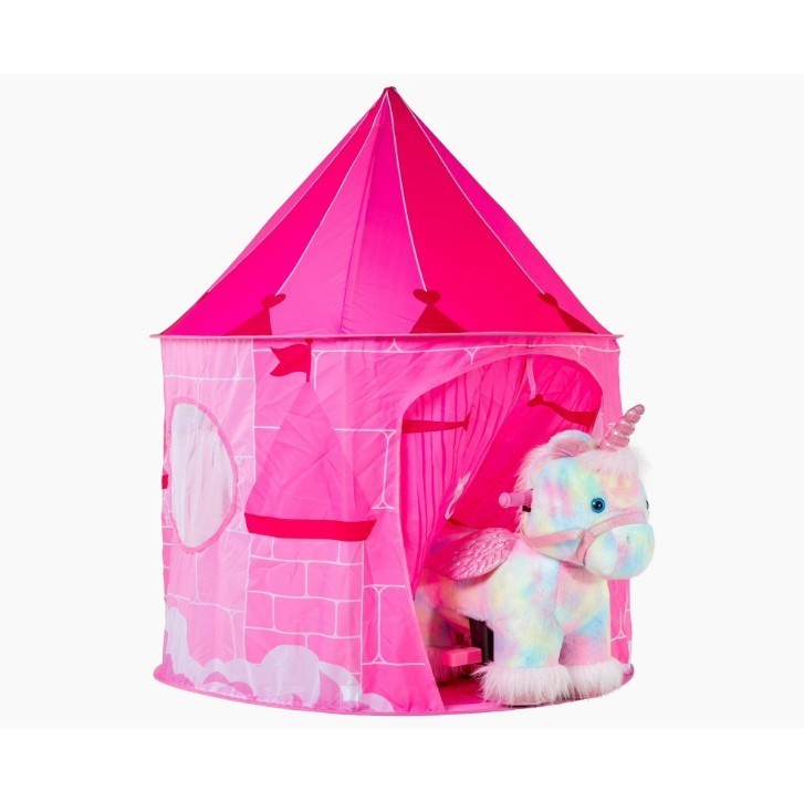 Dynacraft Unicorn 6V Plush Ride-On, Ages 18 Months-3 Years,With Pink Castle Tent