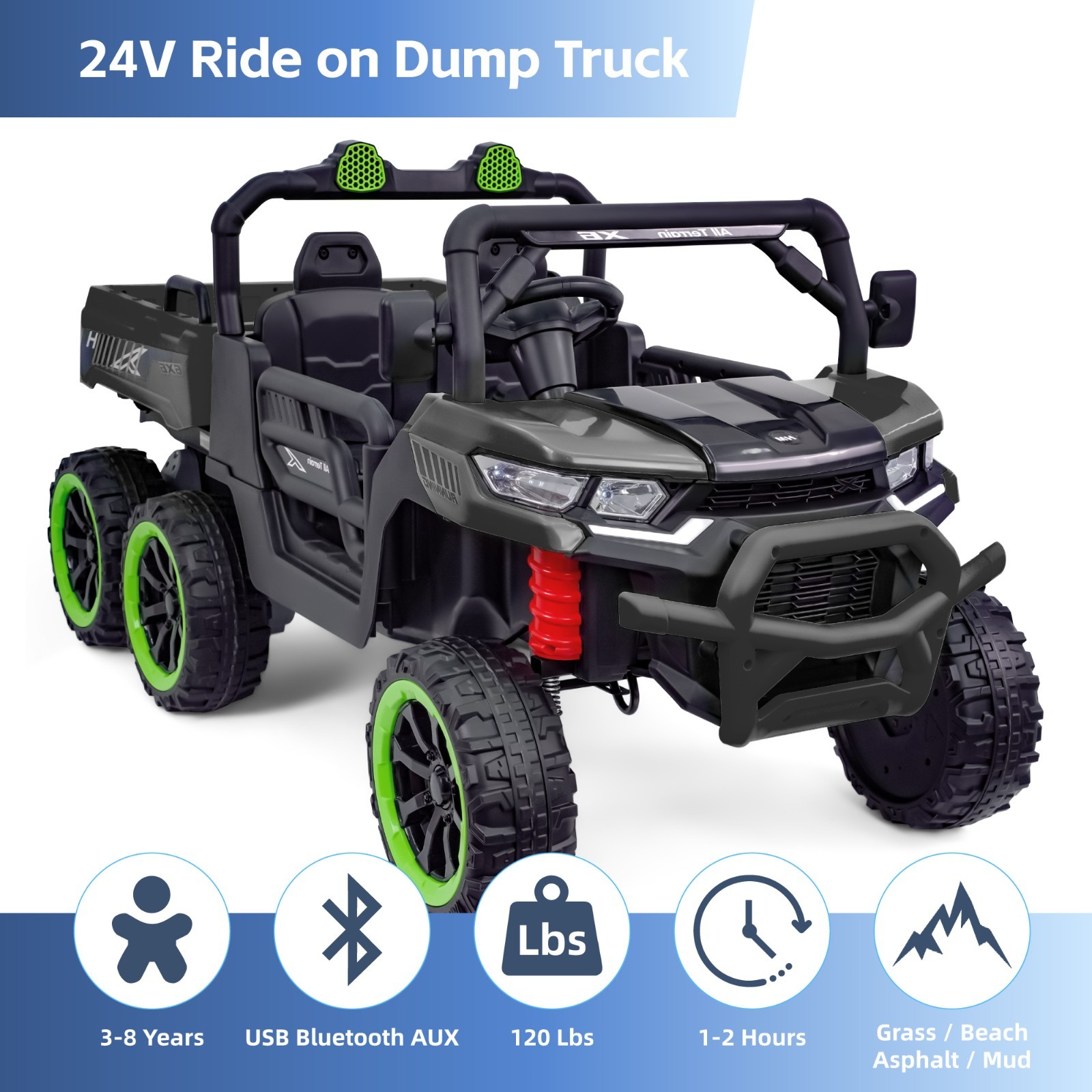24V Kids Ride on Toy 2 Seater Electric Dump Truck 4 Wheel Drive 6mph with Remote