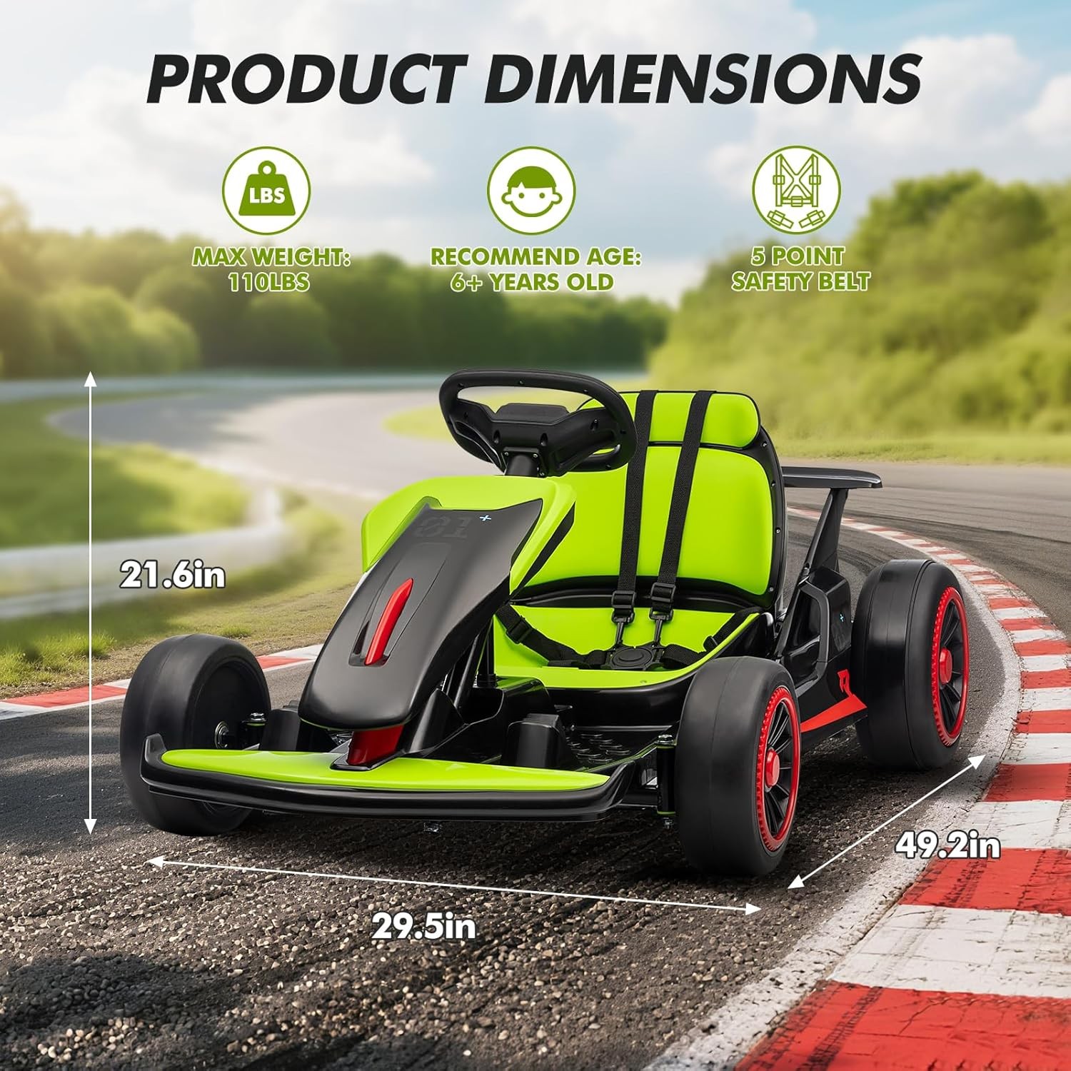 Kids Electric Drift Kart – 200W Dual Motor, 5-Point Belt & 110LBS Capacity Green