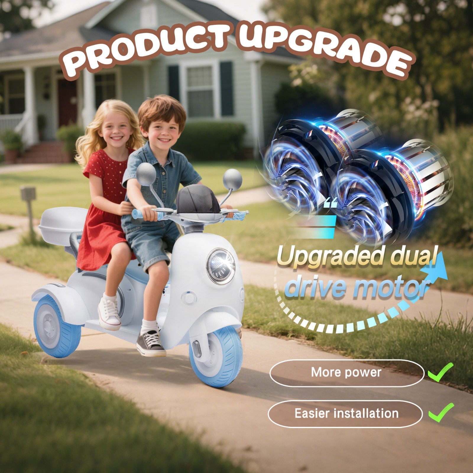 12V Ride on toys Kids Electric Motorcycle 2 Seater w/Bluetooth,LED, Blue