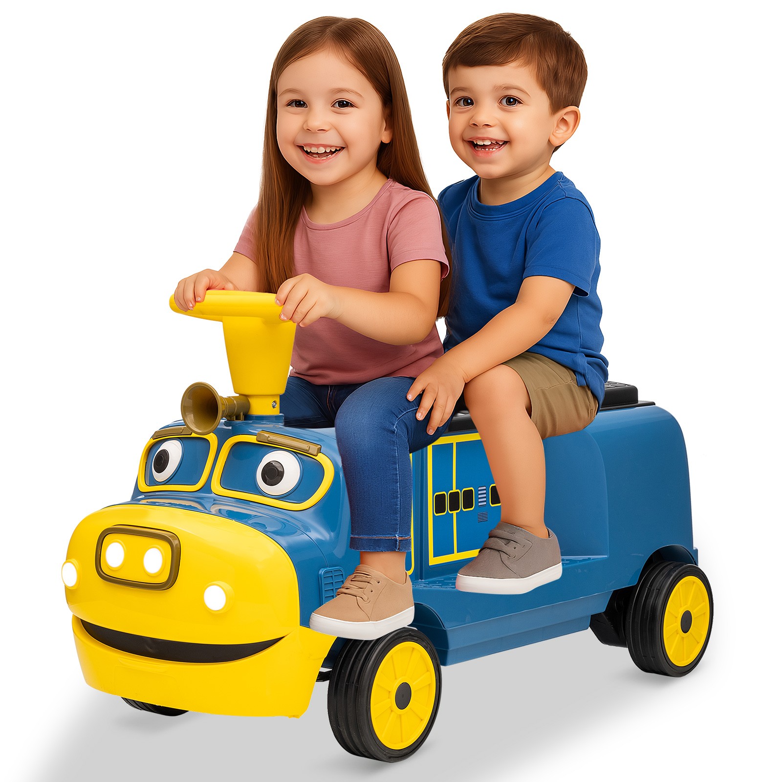 Electric 12V 2-Seater Kids Blue/Red Ride On Train w/2-Speed,Music,Lights,Storage