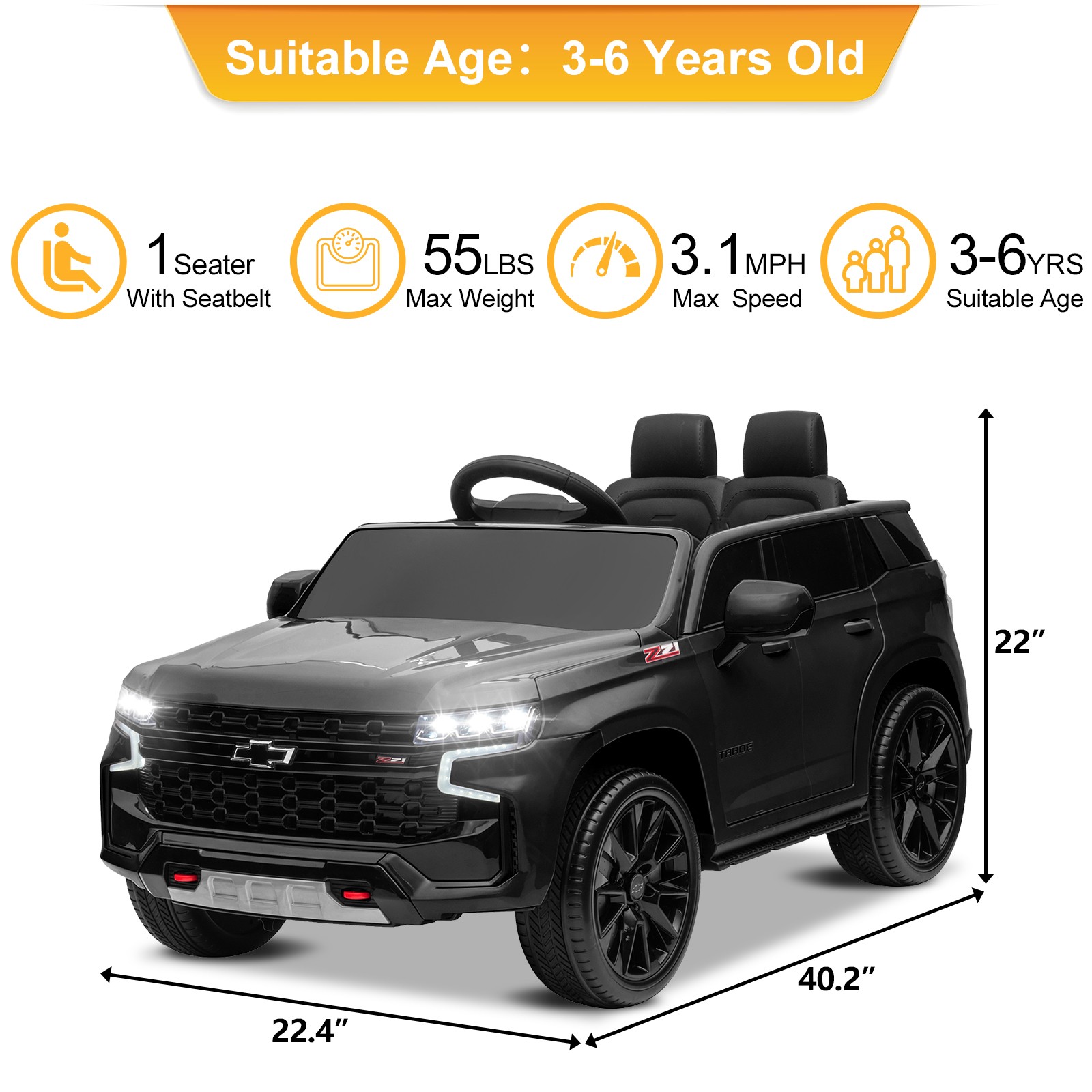 Licensed Chevrolet Tahoe Ride on Car Toys w/Parent Remote, 3 Speeds, LED Lights