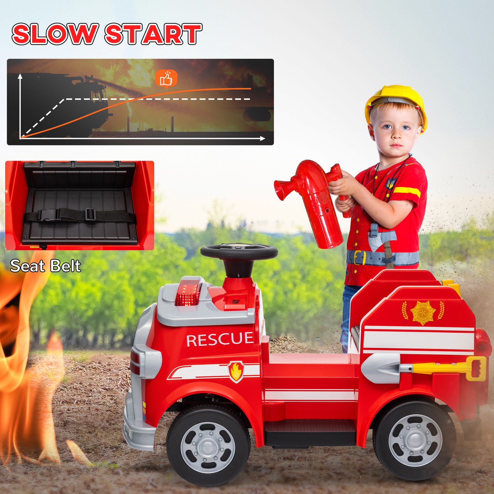 12V Ride on Fire Truck w/ Siren, Flashing Lights