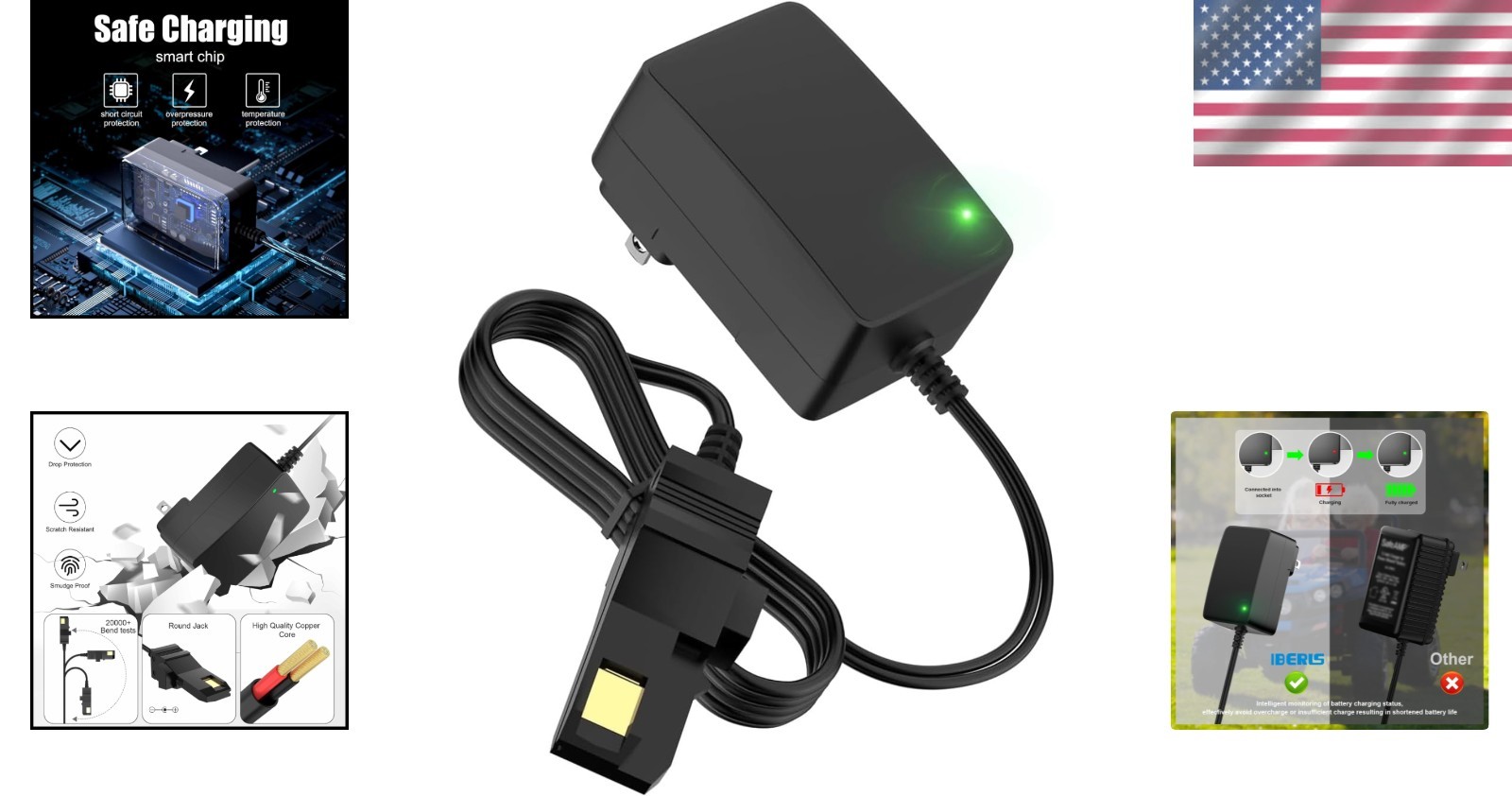 Durable 12V Charger for Power Wheels with 6.5FT Cord & LED Status Light