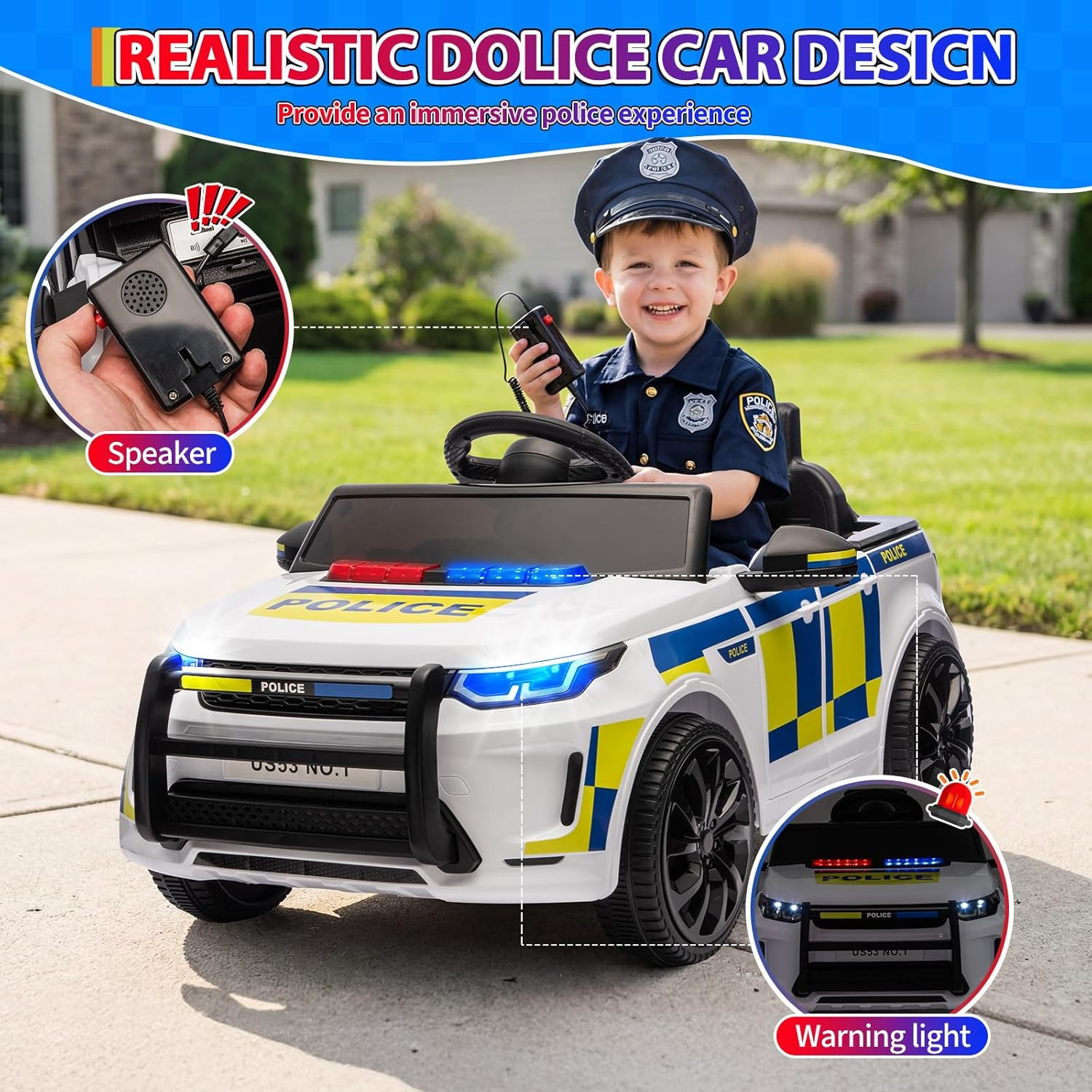Electric Cars for Kids, 12V Police Car Ride on Toy W/Remote Control, Speaker, Wa