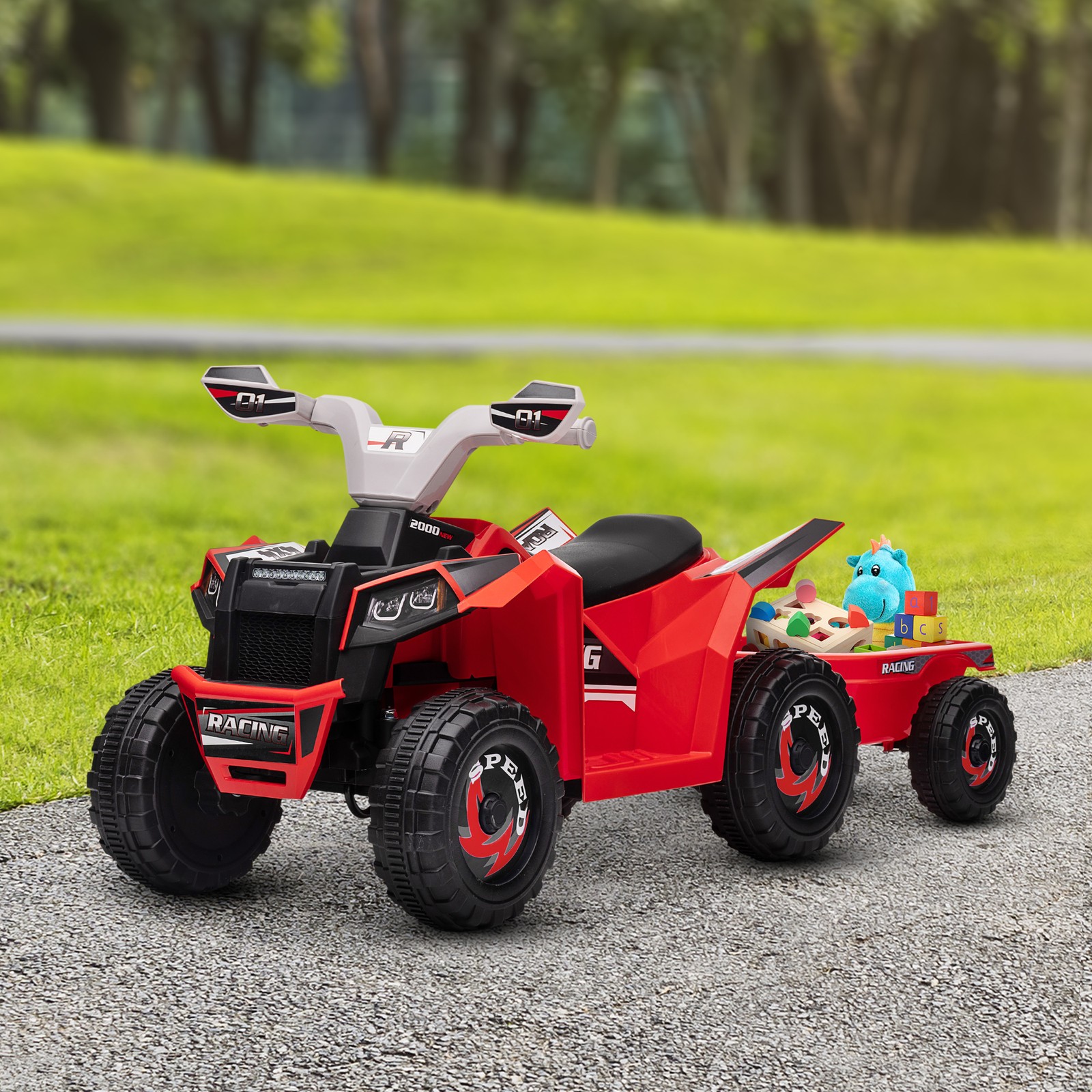 6V Kids ATV Quad Car with Back Trailer, Forward Backward Red