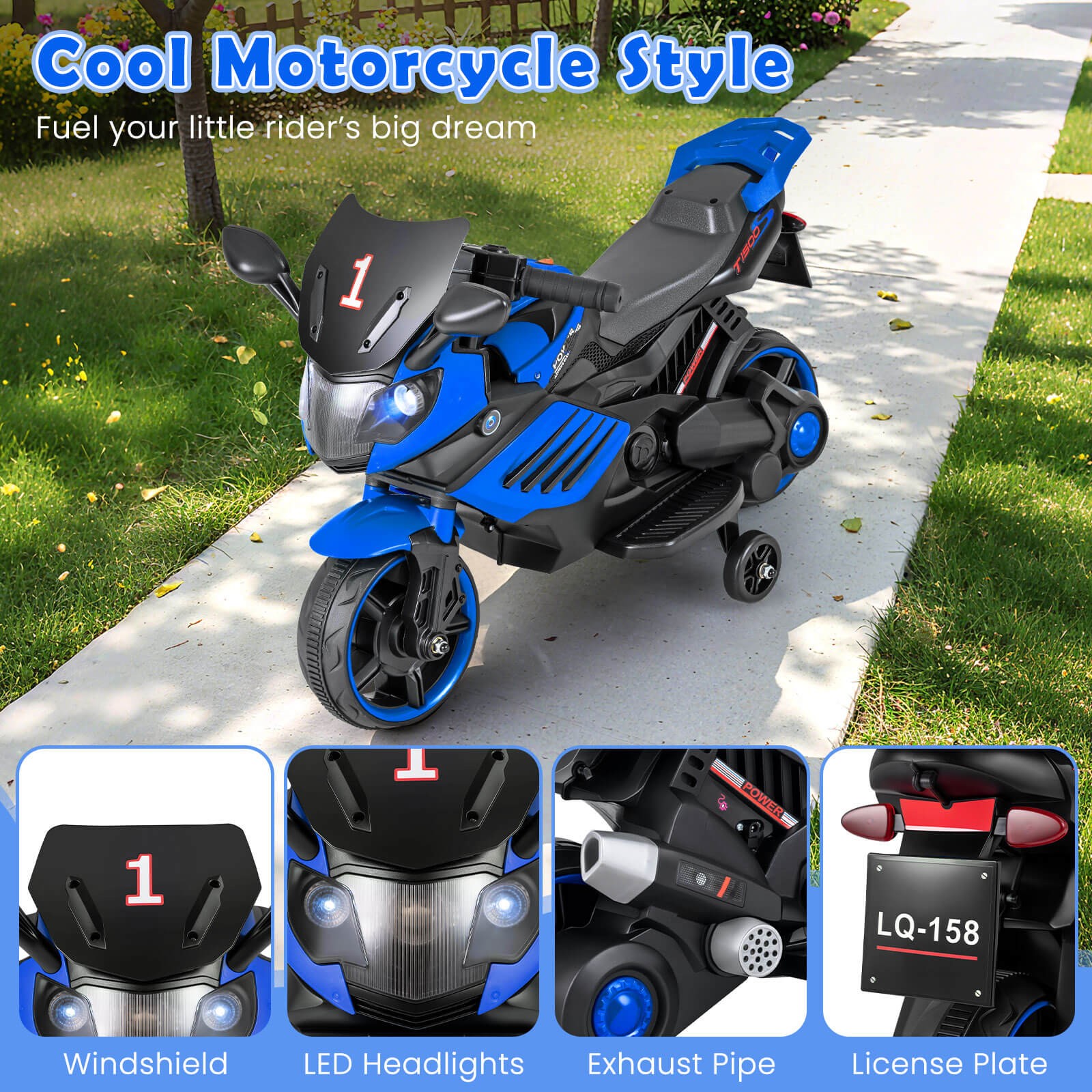6V Kids Motorcycle w/Music, Horn, Detachable Training Wheels & LED Headlights
