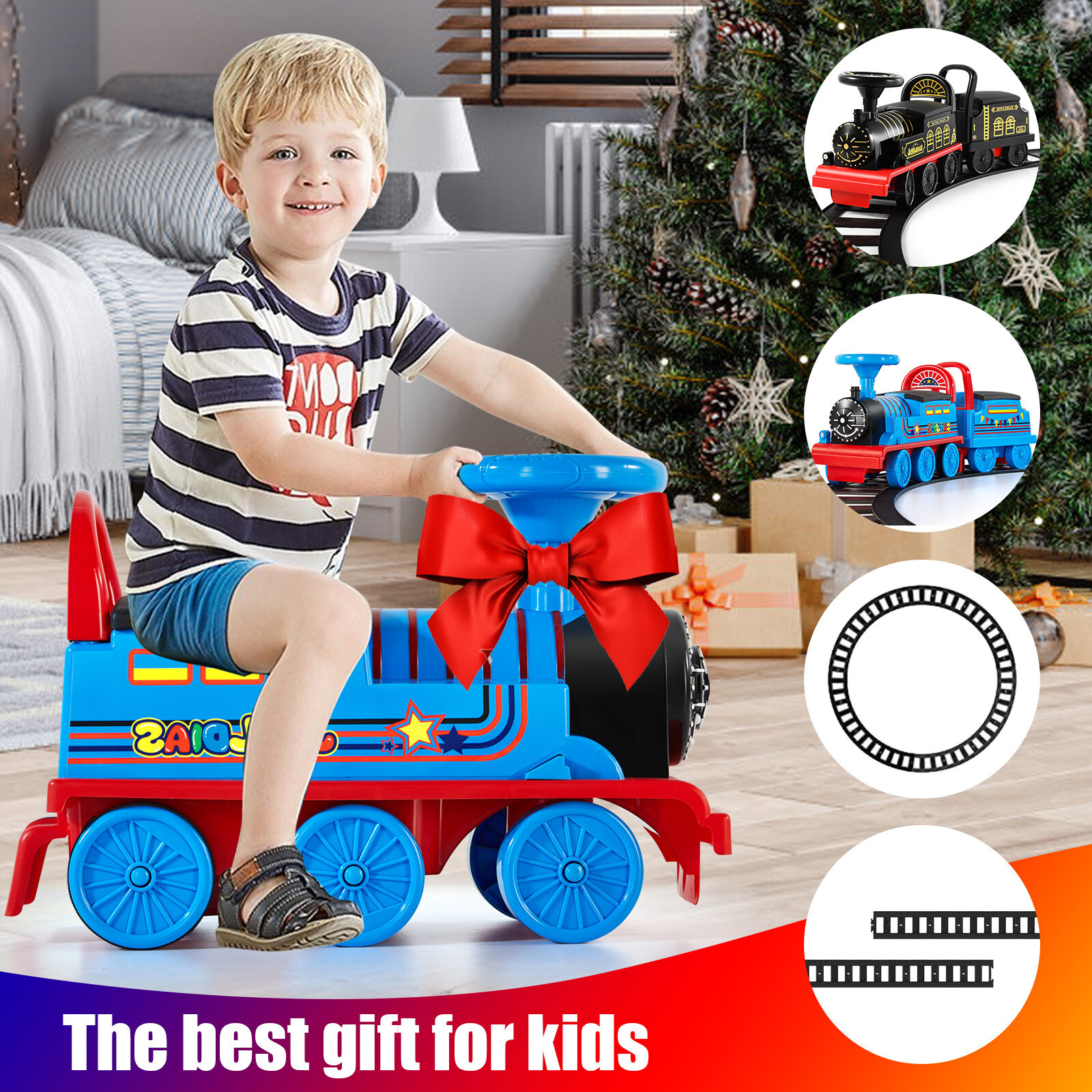 Electric 6V Kids Ride on Train with Track Toy Car Lights Sounds Storage Seat