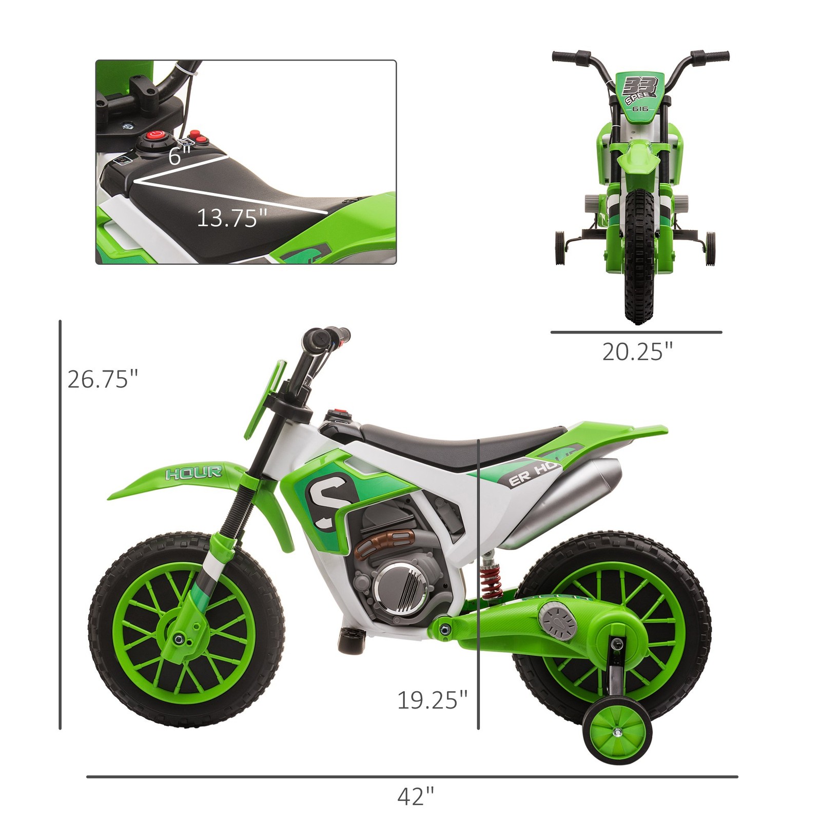 12V Electric Kids Ride On Dirt Bike Motorcycle Toy with Training Wheels Green