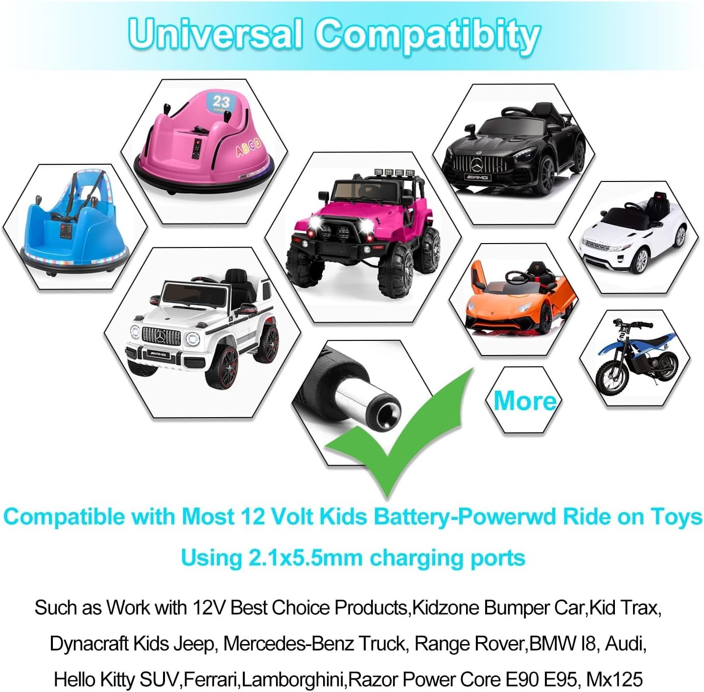 Universal 12V Battery Charger for Kids’ Ride-On Toys with LED Indicator Lights