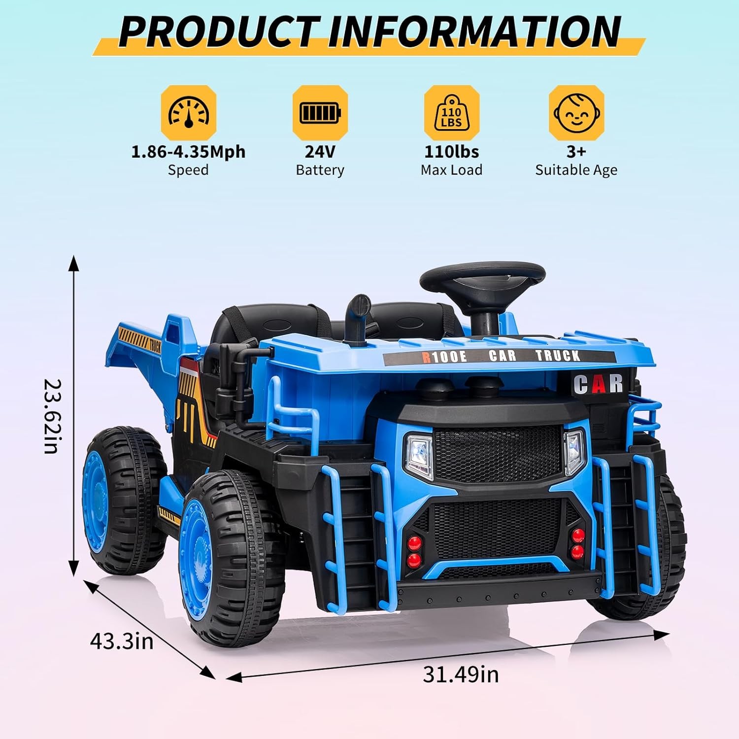 RC Kids Dump Truck in Blue + Auto Dump, LED Lights & Music, 2 Seats for Ages 3+